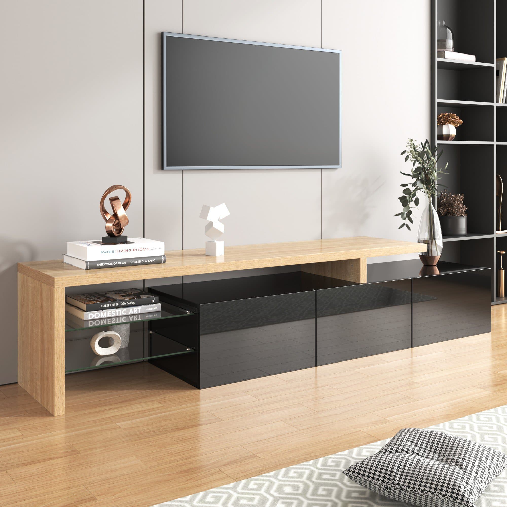 Meuble télé moderne Meuble tv bois design scandinave avec grand espace de rangement, étagères en verre, éclairage LED, Naturel+Noir Aosom France