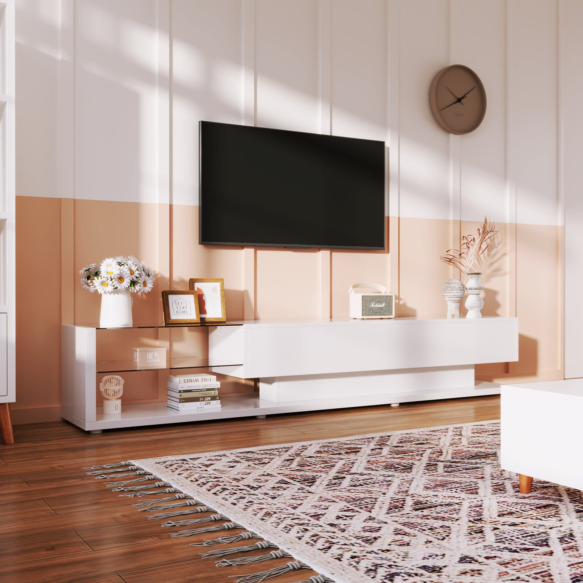 Meuble TV avec étagères en verre et éclairage LED, Blanc