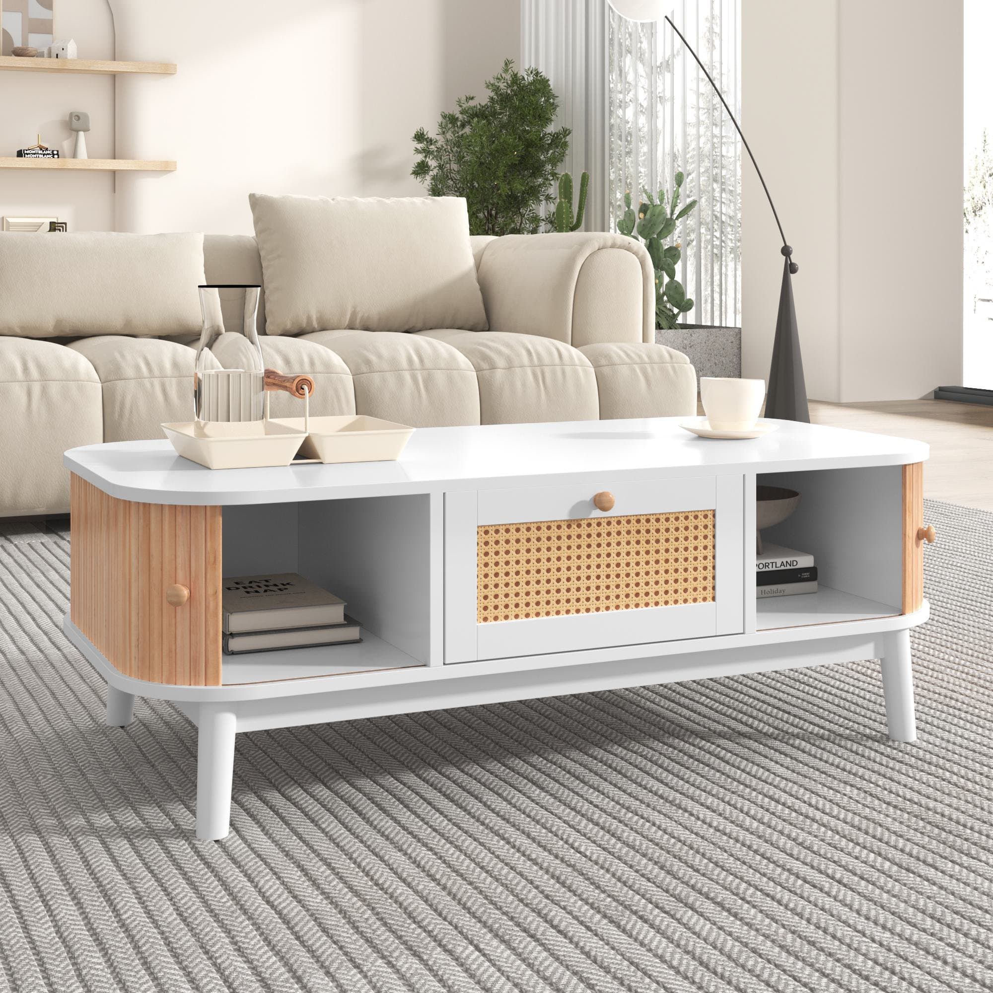 Table basse en rotin Table de salon Table basse blanc avec tiroirs et portes de style rustique naturel en solde, Blanc Aosom France