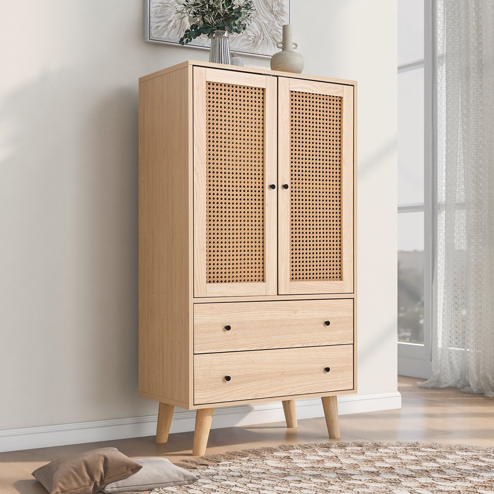 Buffet multifonction en bois avec portes en rotin, tiroirs et meuble de rangement, naturel