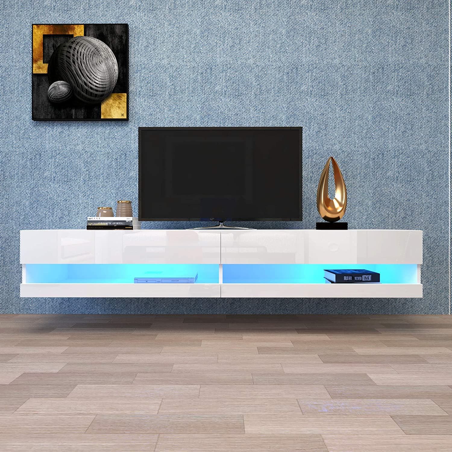 Meuble TV scandinave blanc avec éclairage LED, design moderne et spacieux, Blanc