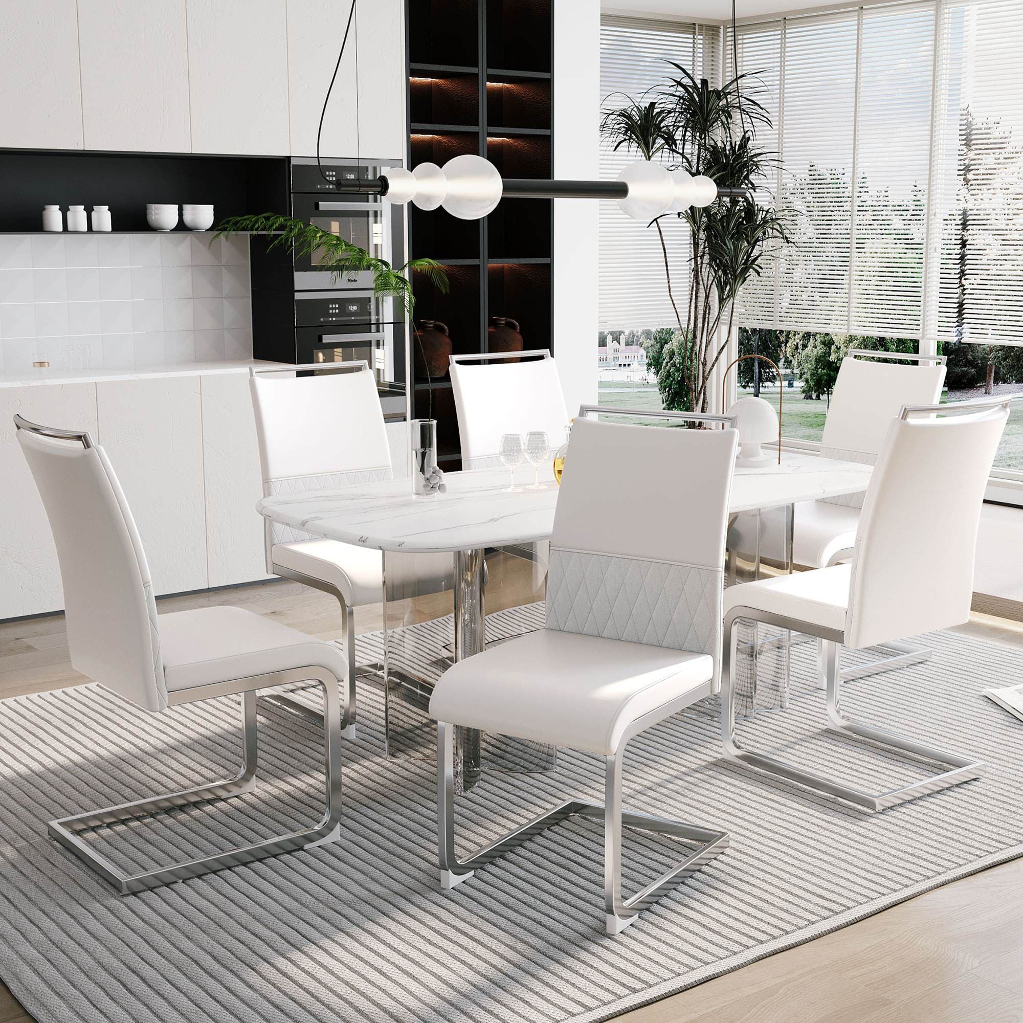 Ensemble de 6 modernes Chaises de salle à manger avec plus haut dossier Fabriqué en PU et lin, design ergonomique et protecteur pieds, Blanc