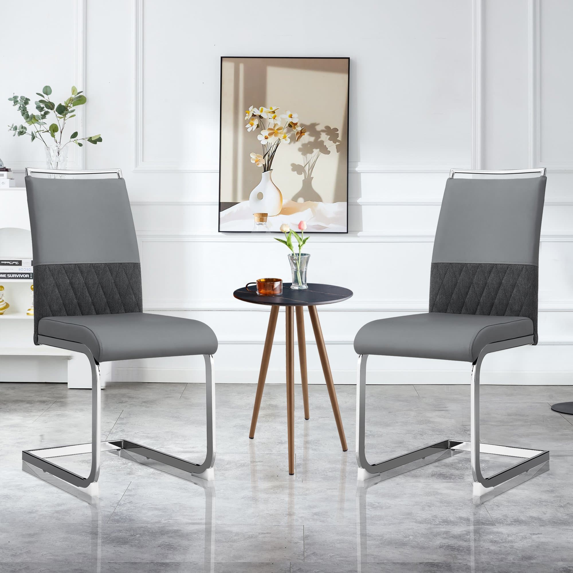 Ensemble de 4 Chaises de Salle à Manger Modernes et Ergonomiques avec Dossier Haut en PU et Lin, Design avec Pieds Protecteurs, Gris