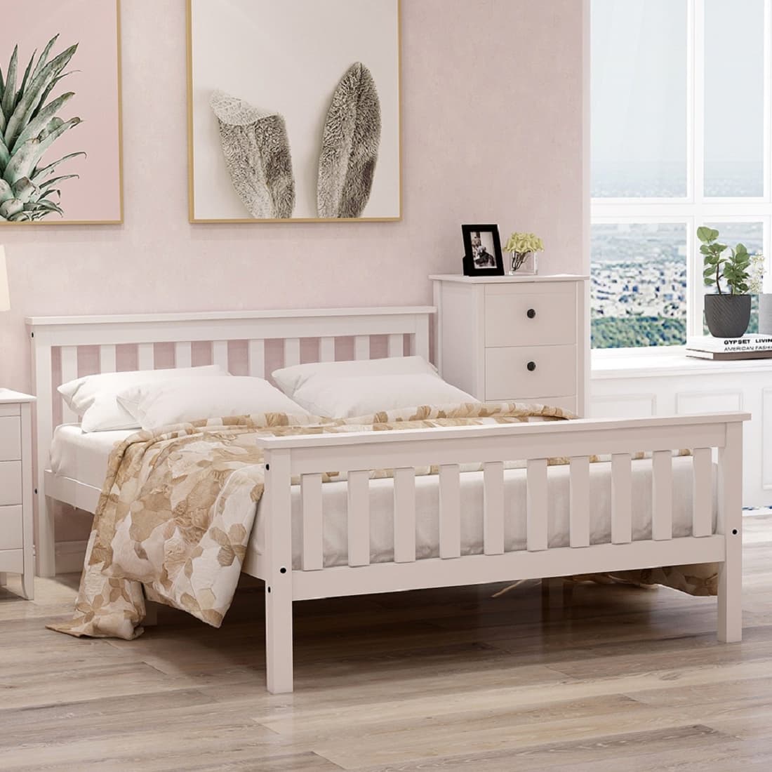 Lit Double, Lits 2 places, Lit double 140x200 cm à Lattes, Design Minimaliste, pour Adultes et Jeunes, sans Matelas, Blanc Aosom France