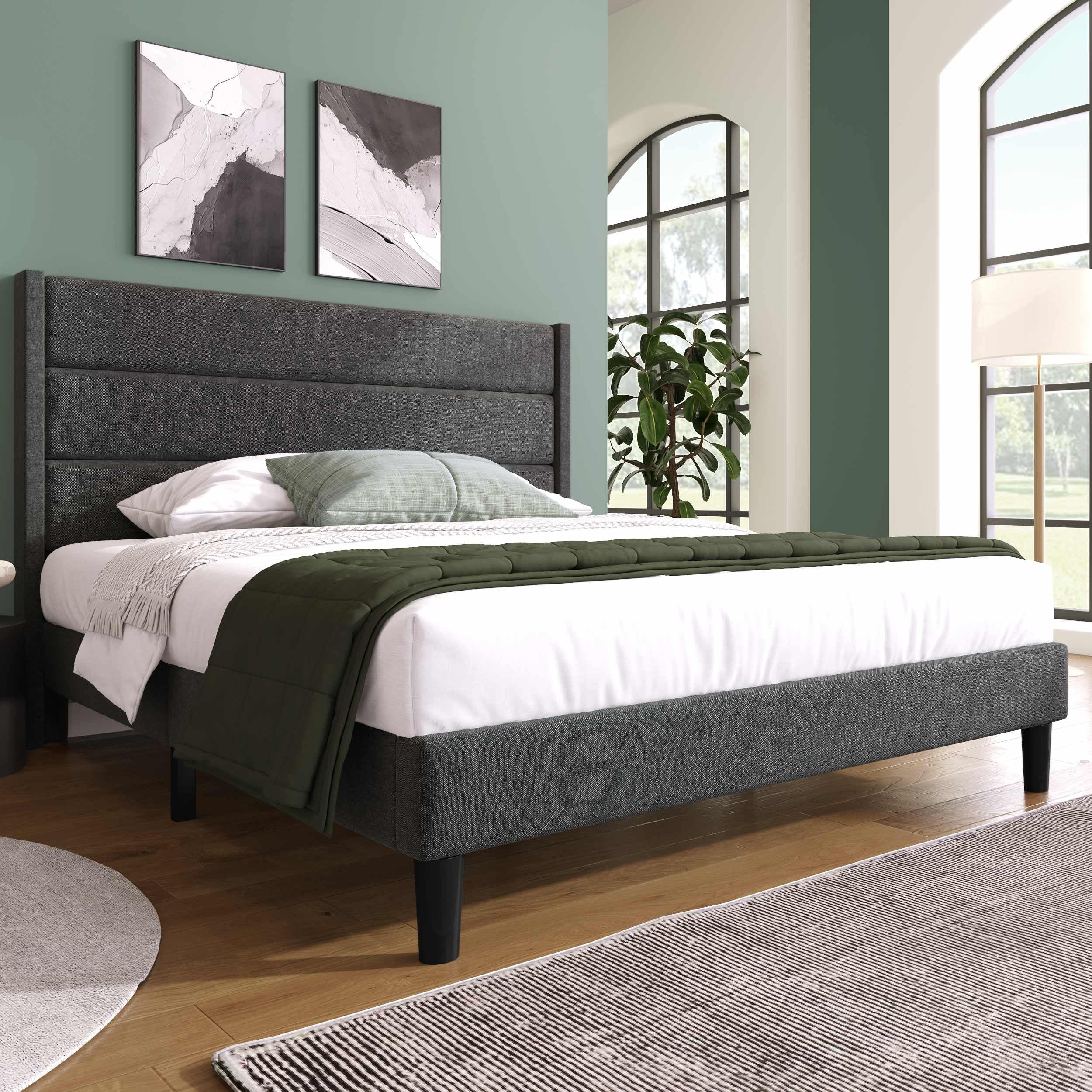 Lit Double avec Rembourré Tête de Lit 140x200 cm, Cadre avec Tête de Lit, Design Moderne et Intemporel, tissu Lin, sans Matelas, Gris Foncé