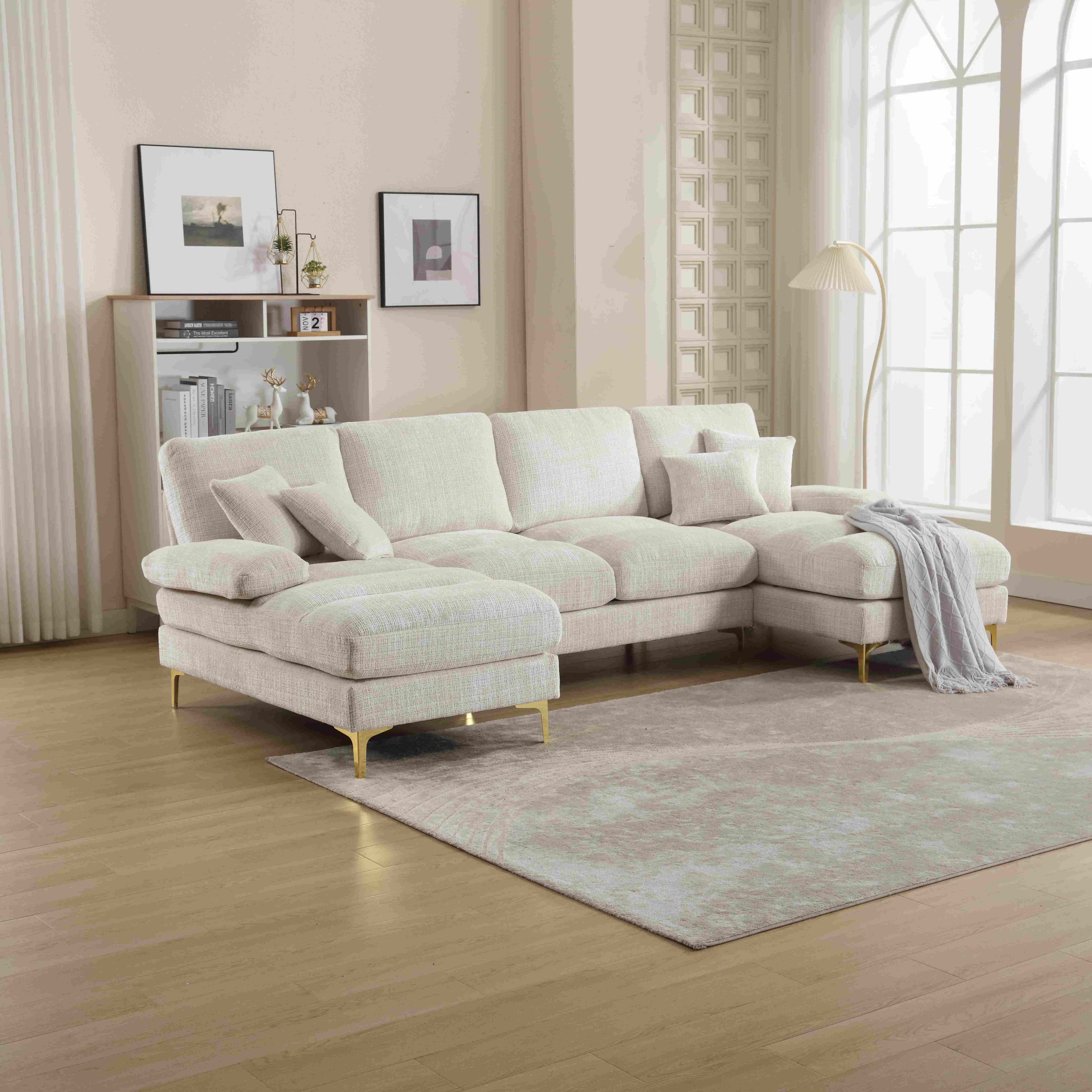 Grand Canapé d'Angle en Chenille Moderne en Forme de U Déhoussable, Pieds en Métal, Beige
