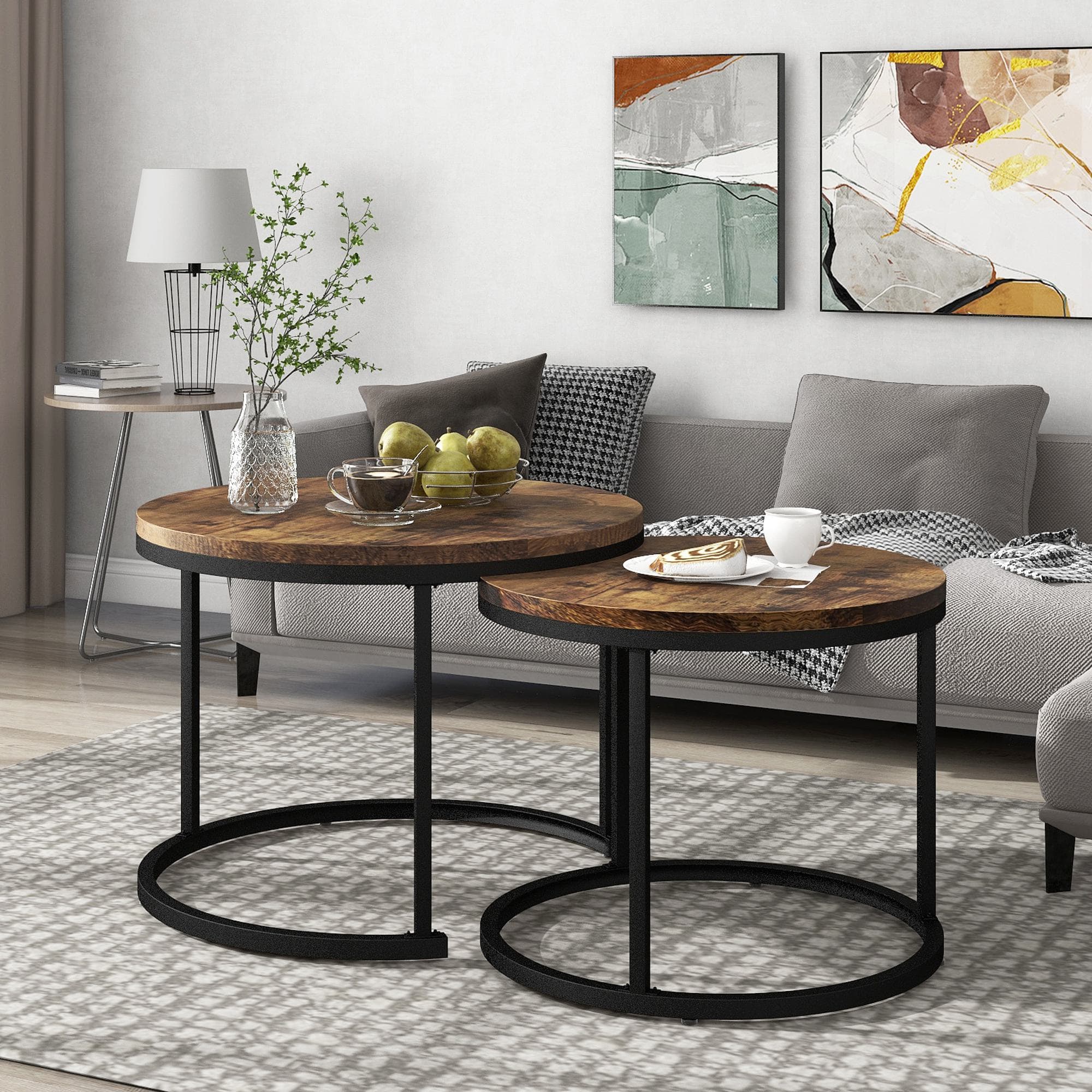 Table basse ronde 2 pièces, Table gigogne Table basse design imbriquée avec plateau en MDF et cadre en acier ferreux, Marron Aosom France