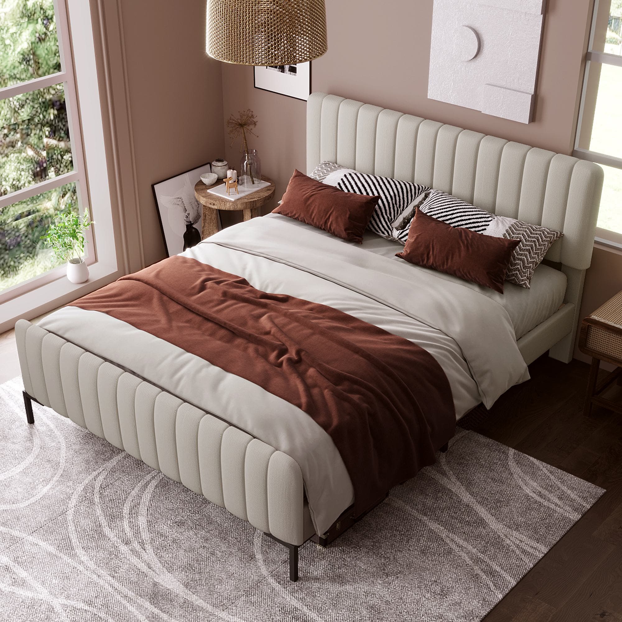 Lit Double Rembourré 140x200 cm avec Sommier à Lattes et Tête de Lit Double Rembourrée Réglable en Tissu, Gris-Beige