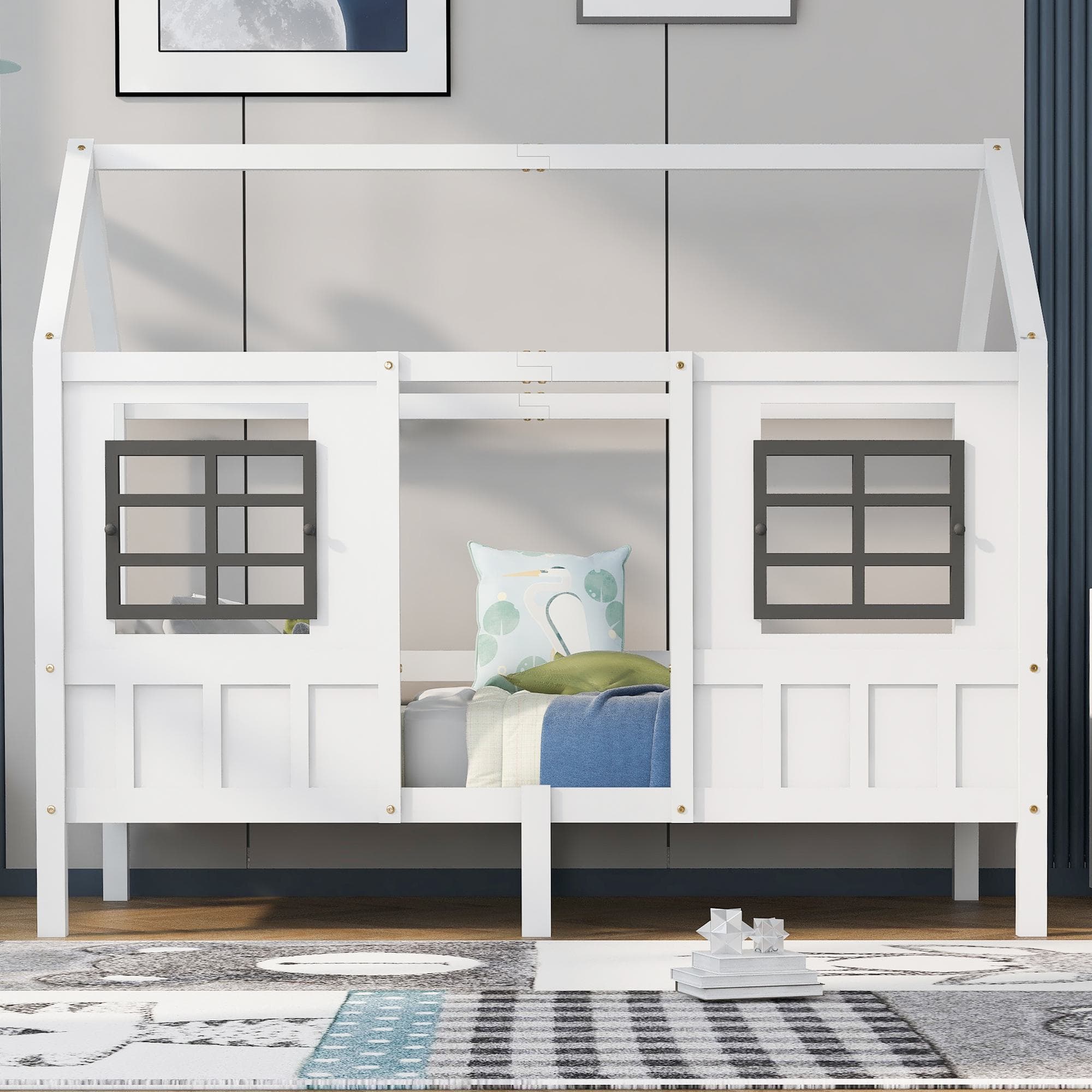 Lit maison avec fenêtres, Lit simple 200×90 cm, sans matelas, Blanc Aosom France