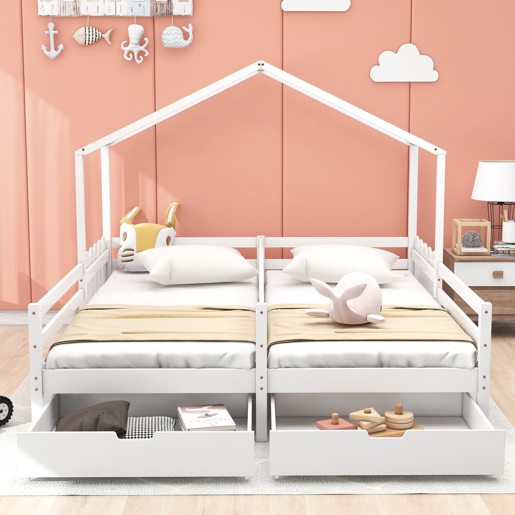 Lit cabane avec 2 tiroirs sur roulettes, sans matelas, 200×90 cm, Blanc