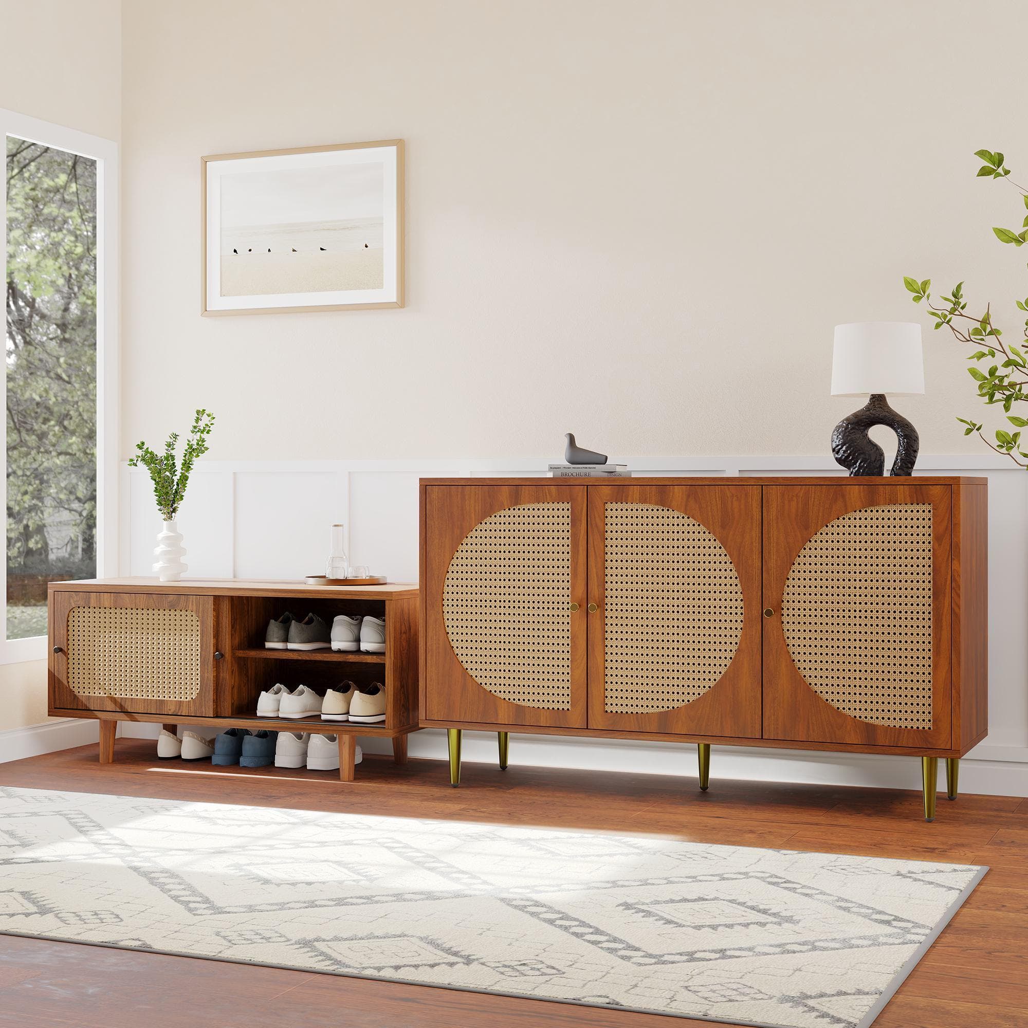 Ensemble de salon de jardin en rotin avec carré buffet moderne à trois portes et meuble à chaussures gain de place à deux portes coulissantes, Noyer