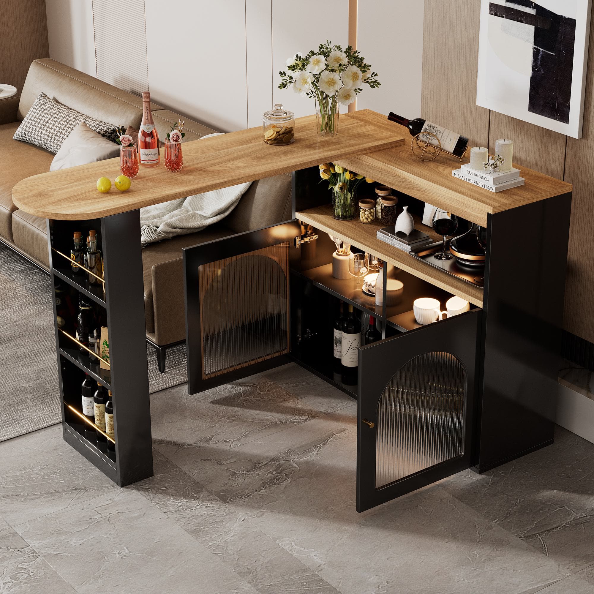 Table haute, Table de bar extensible moderne, Table bar cuisine avec rangement, rotatif, avec bande lumineuse LED, 138-193×39×105 cm, Noir