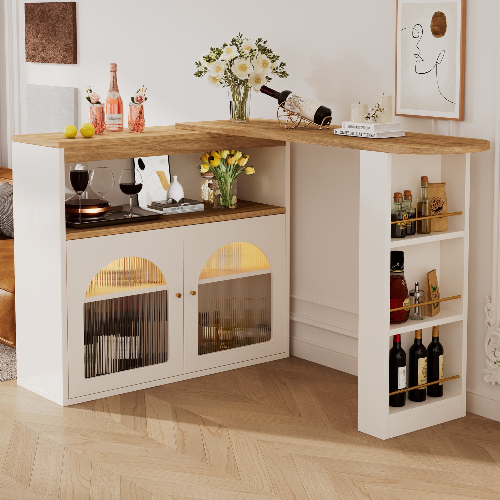 Table de bar moderne extensible avec rangement, pivotant, incl bande LED, 138-193×39×105 cm, Blanc