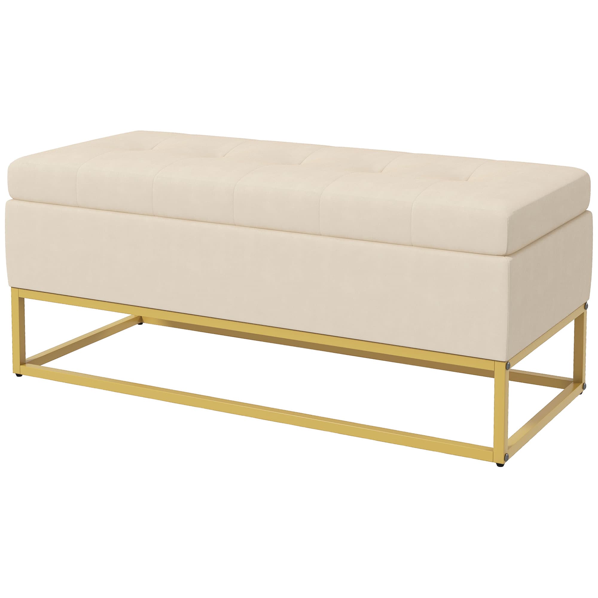 HOMCOM Banquette avec Espace de Rangement, capitonnage décoratif, effet flanelle, pieds en acier doré, 110 x 47 x 46,5 cm
