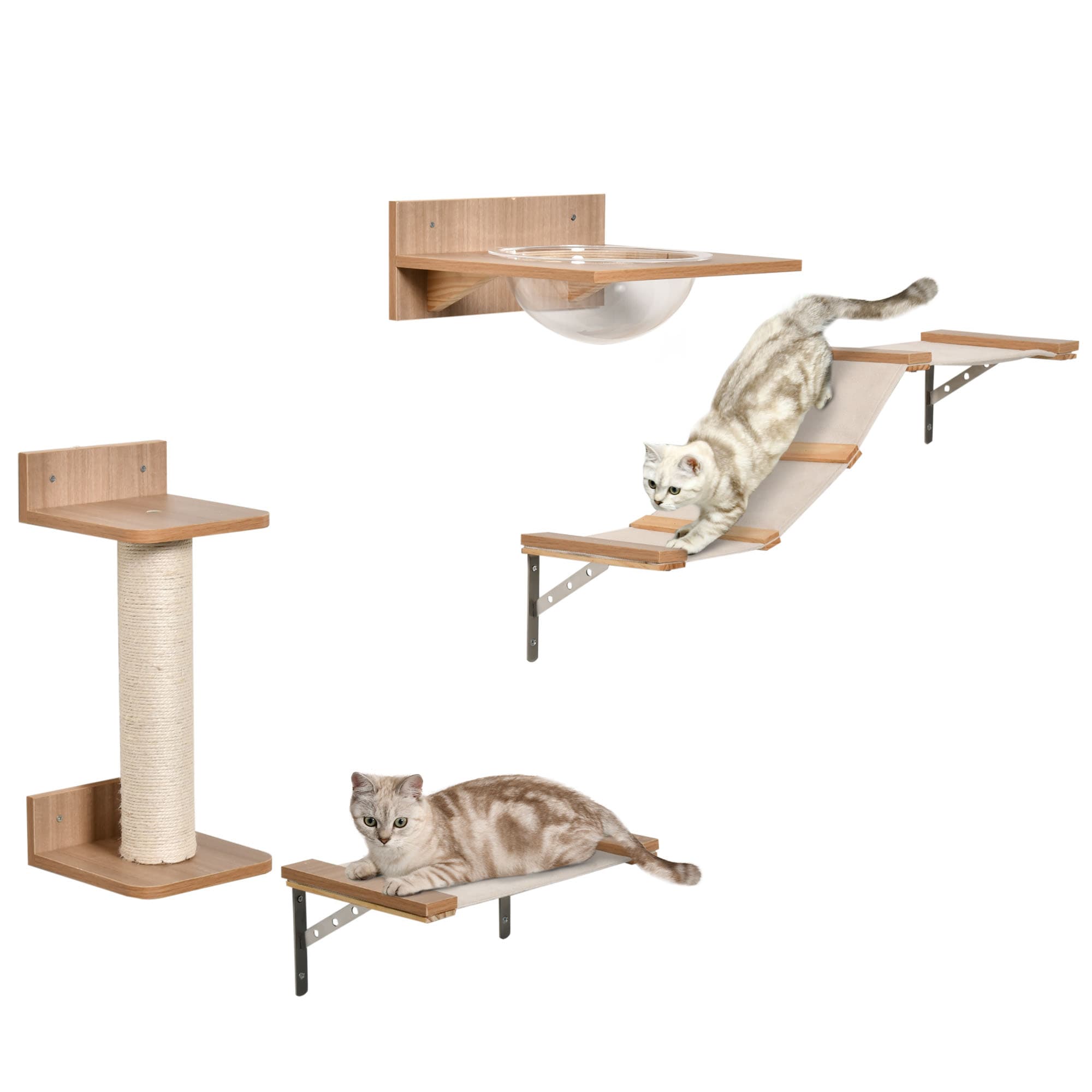 PawHut Mur d'escalade 4 en 1 pour chats - Arboricat Arbre à griffer Plateforme de saut Hamac Acrylique Polyester Sisal Pin