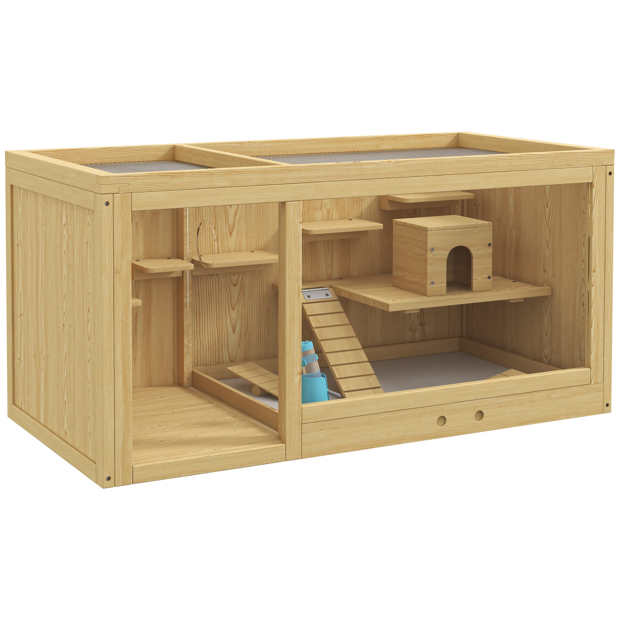 PawHut Cage pour petits animaux en bois, cage à rongeurs, avec accessoires et abreuvoir, 100 x 50 x 50 cm, naturel
