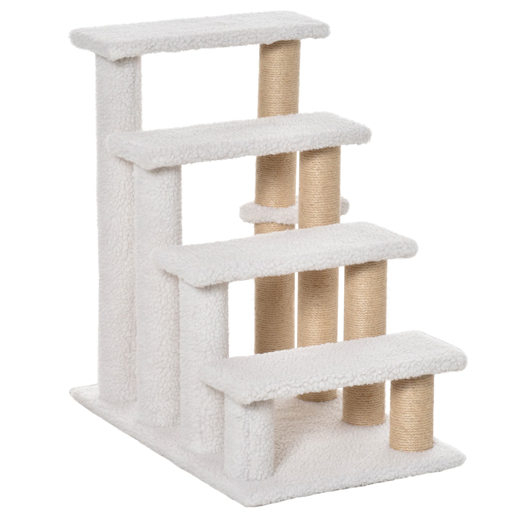 PawHut Échelle Pour Animaux Chat de Compagnie avec Griffoir Balle 4 marches Rampe pour Chien en Panneau de Particules Peluche Jute Blanc 60x40x64cm