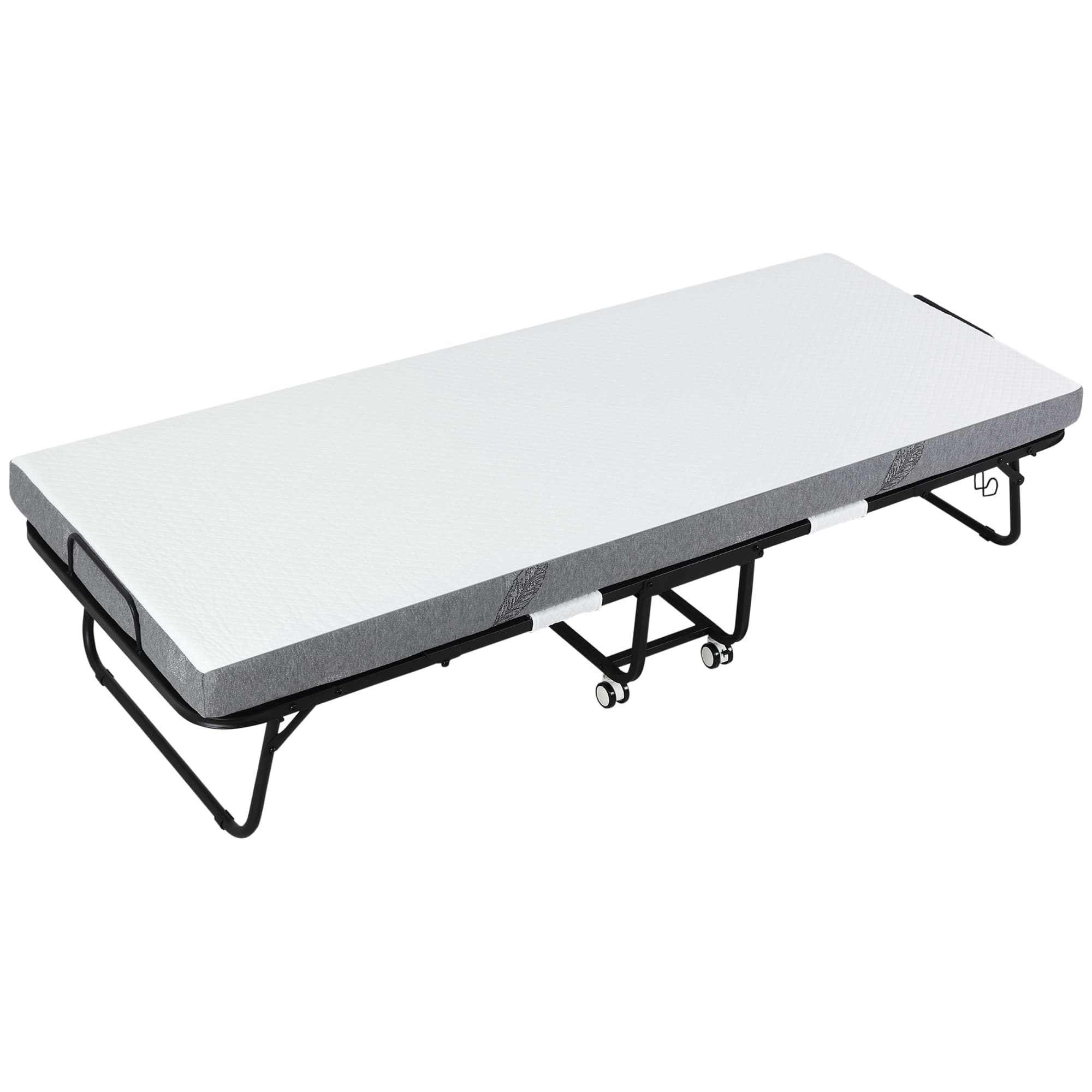HOMCOM Lit d'Invité Pliable avec Roulettes en Acier + Mousse Blanc + Noir 200 x 80 x 42,5 cm