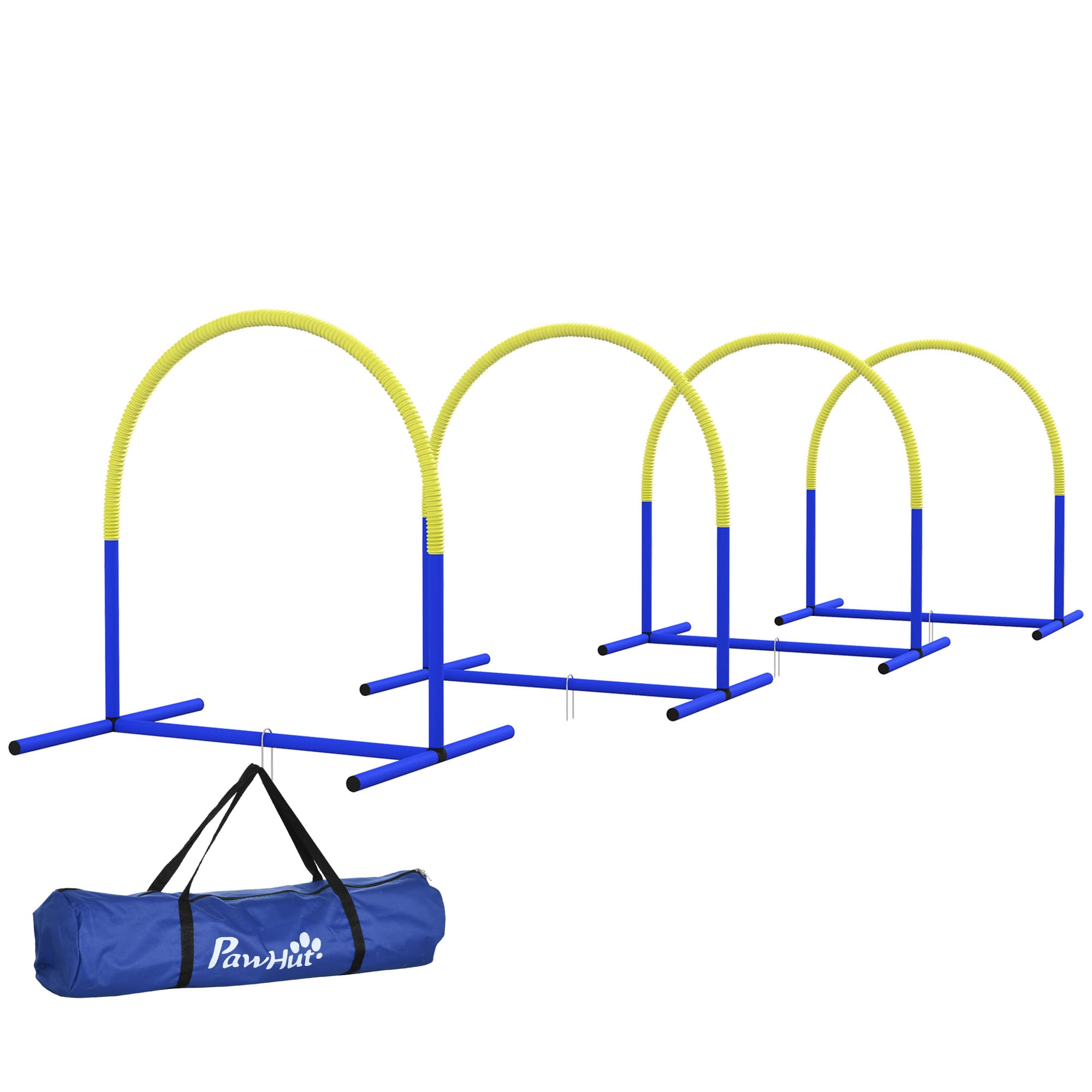 PawHut Ensemble d'agilité pour chiens, Entraînement canin, 4 arcs, pour débutants, avec sac de transport, bleu+jaune, 88 x 64 x 95cm