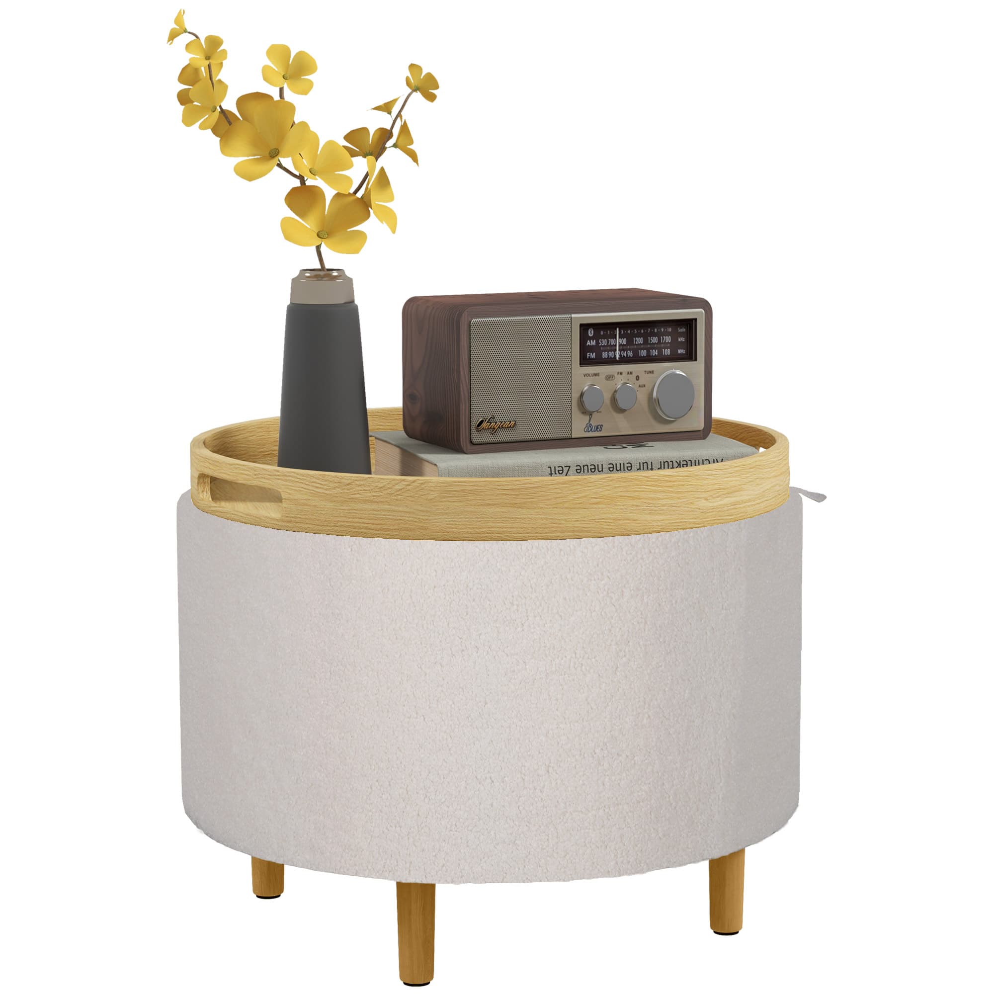 HOMCOM Repose-Pieds Pouf, Peluche Teddy, Espace de Rangement Caché, Couvercle Réversible, 56 cm x 56 cm x 42 cm, Blanc
