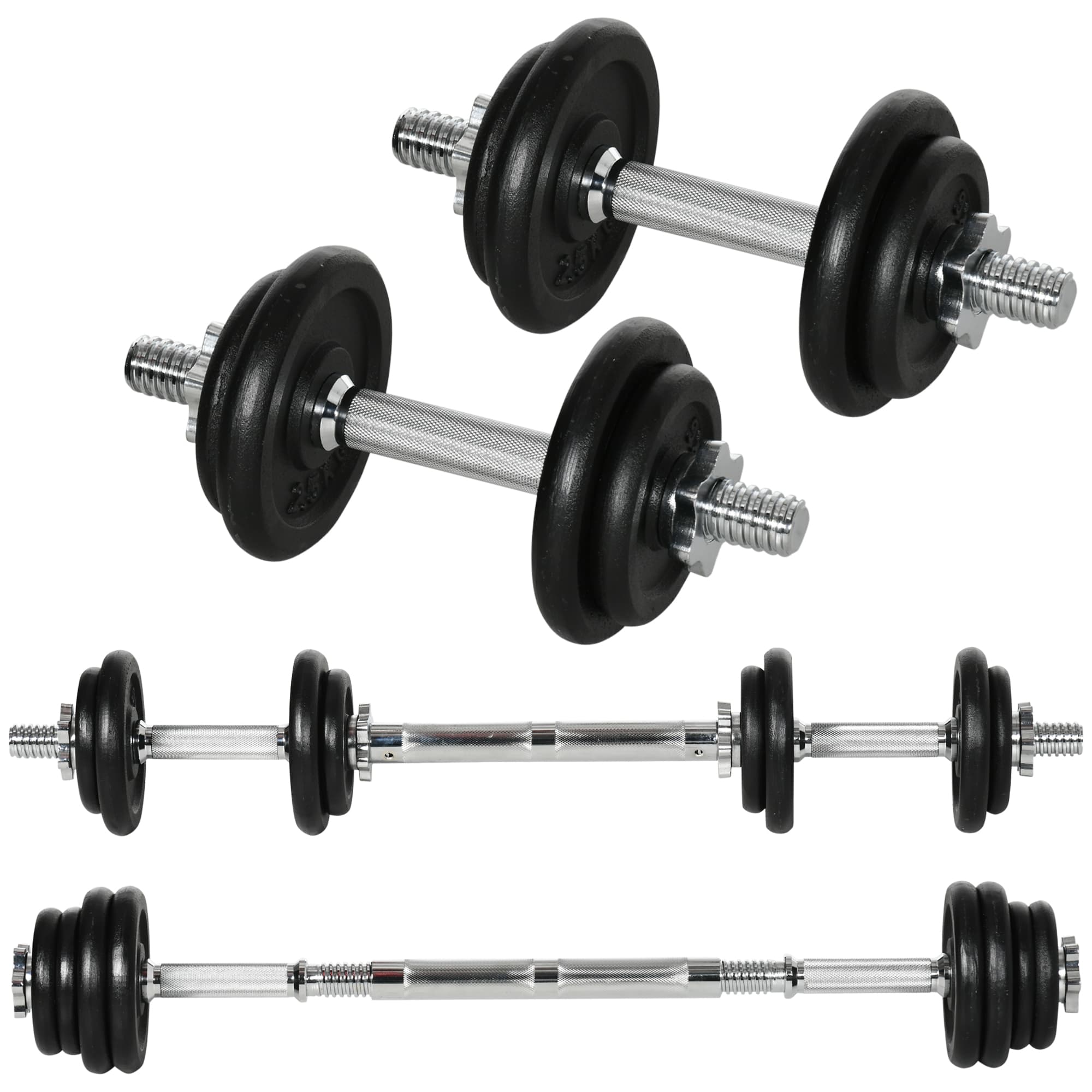 HOMCOM Ensemble d'haltères court et barre longue 2 en 1 de 20 kg avec 8 disques haltères, antirouille, en fer, noir, 95 x 16 x 16 cm