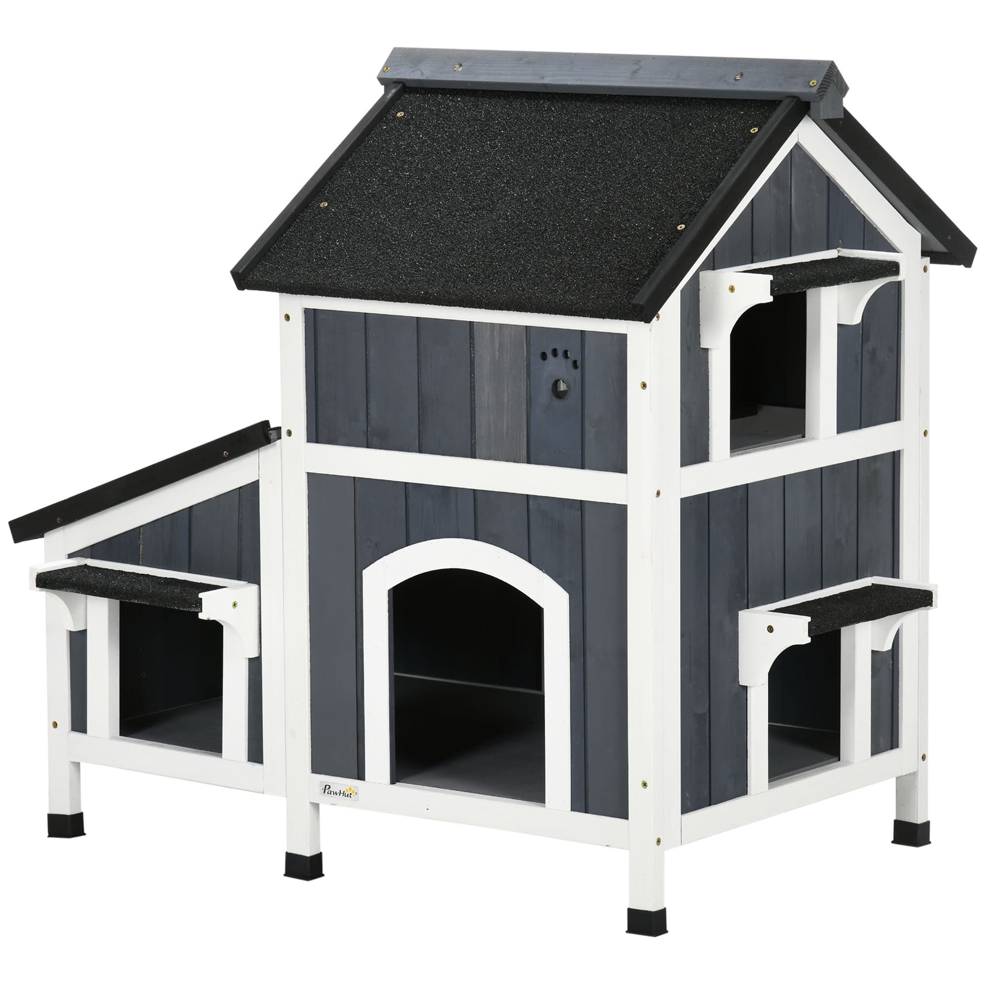 PawHut Maison pour chats extérieure, deux étages, plancher surélevé, bois naturel, toit en asphalte, gris, 96 x 65 x 85,5 cm