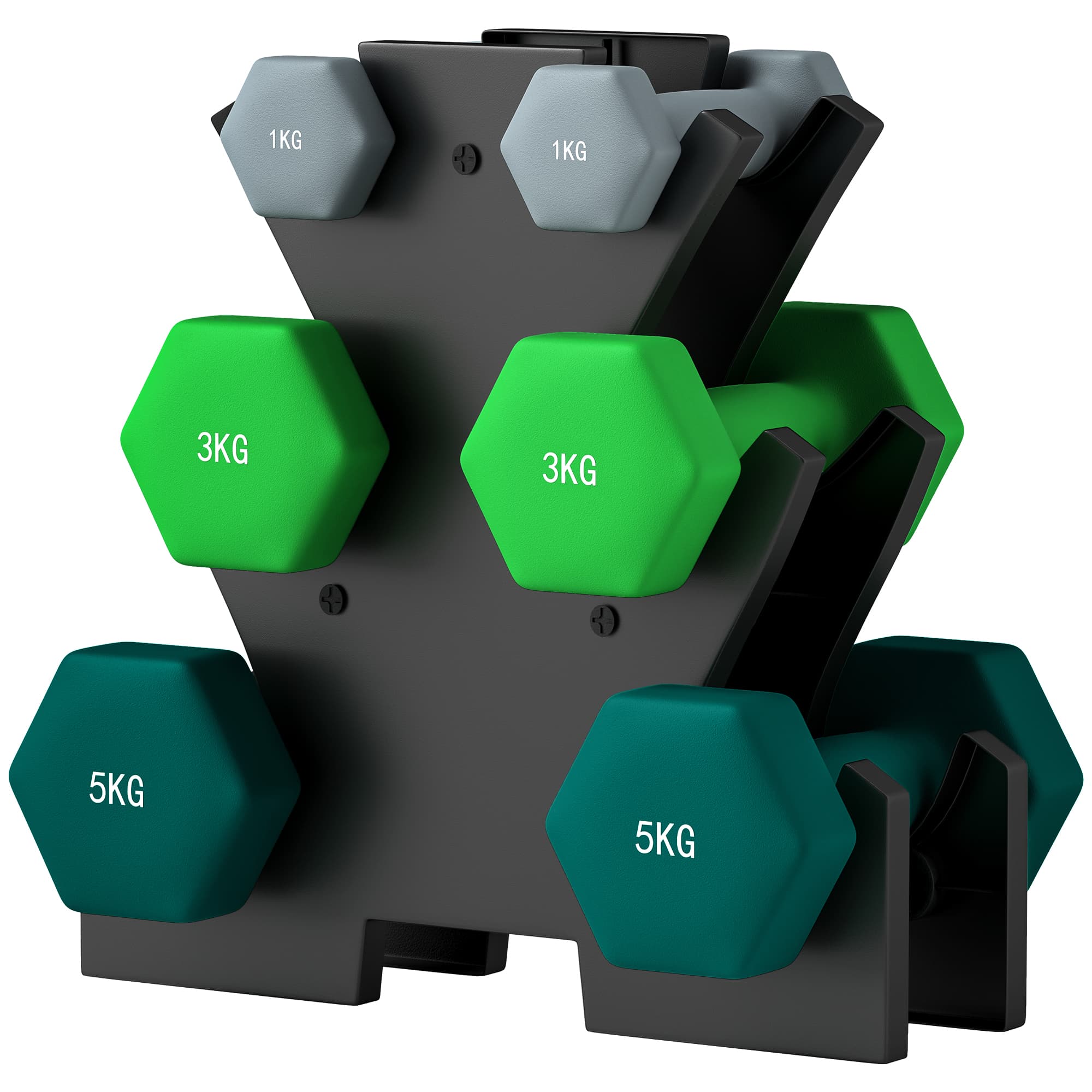 SPORTNOW Ensemble d'haltères avec support de rangement, ensemble de 6 haltères pour entraînement fitness, 2 x 1kg, 2 x 3kg, 2 x 5kg