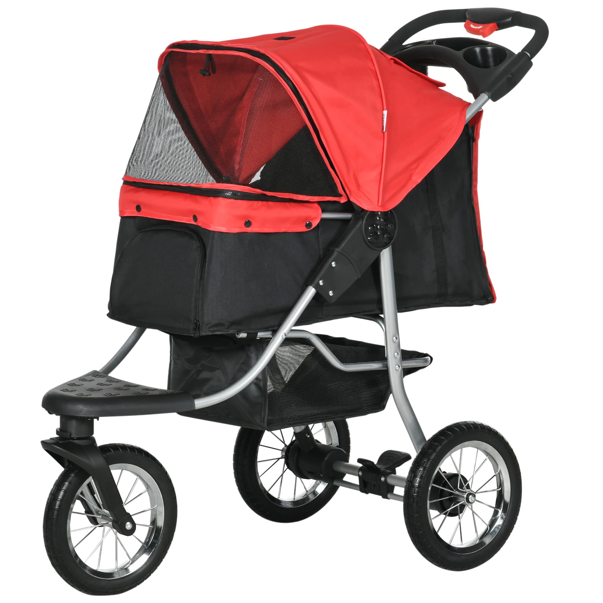 PawHut Chariot pour Chiens Chariot de Compagnie avec 3 Roues Pliant pour Chiens Chats en Tissu Oxford Rouge + Noir 109,5 x 54,5 x 106,5 cm