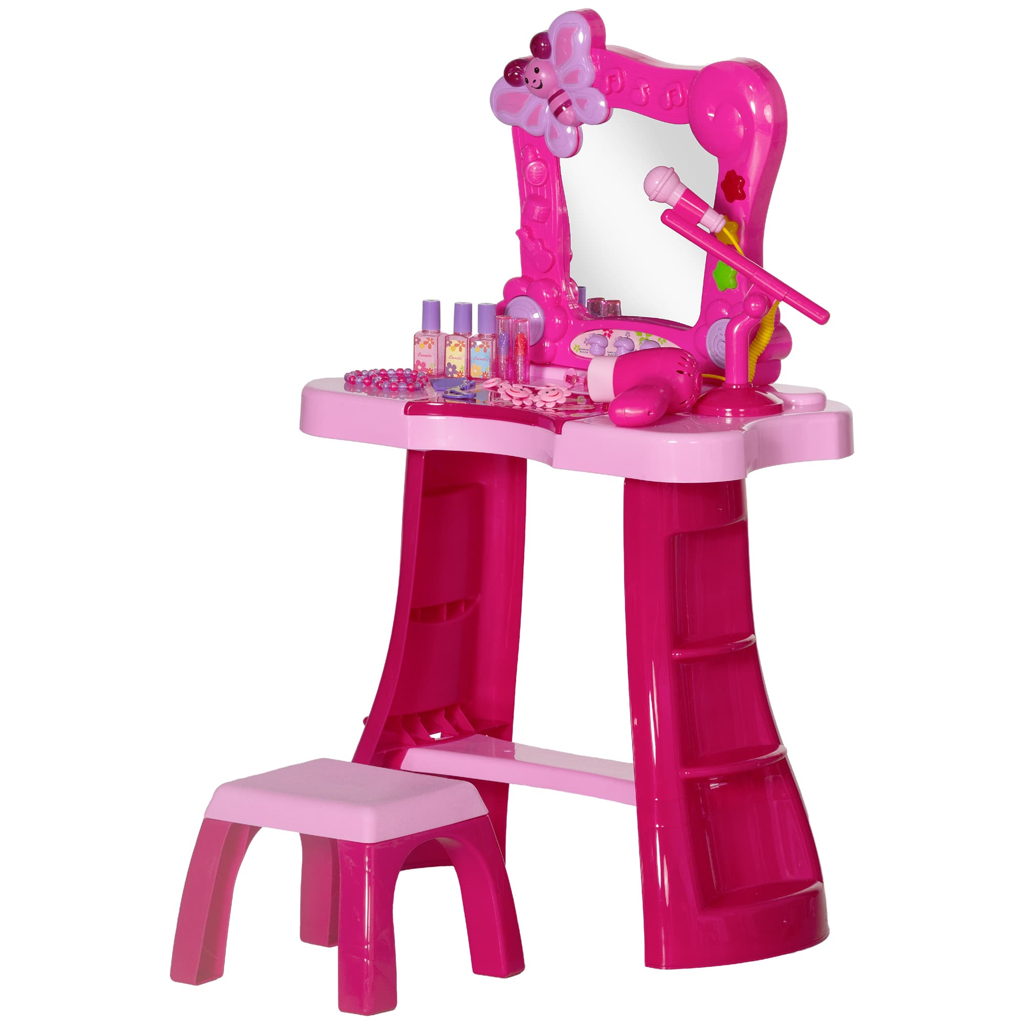 AIYAPLAY 15 PCS Coiffeuse enfant avec tabouret et miroir, lumière, musique, microphone, sèche-cheveux, espace de rangement