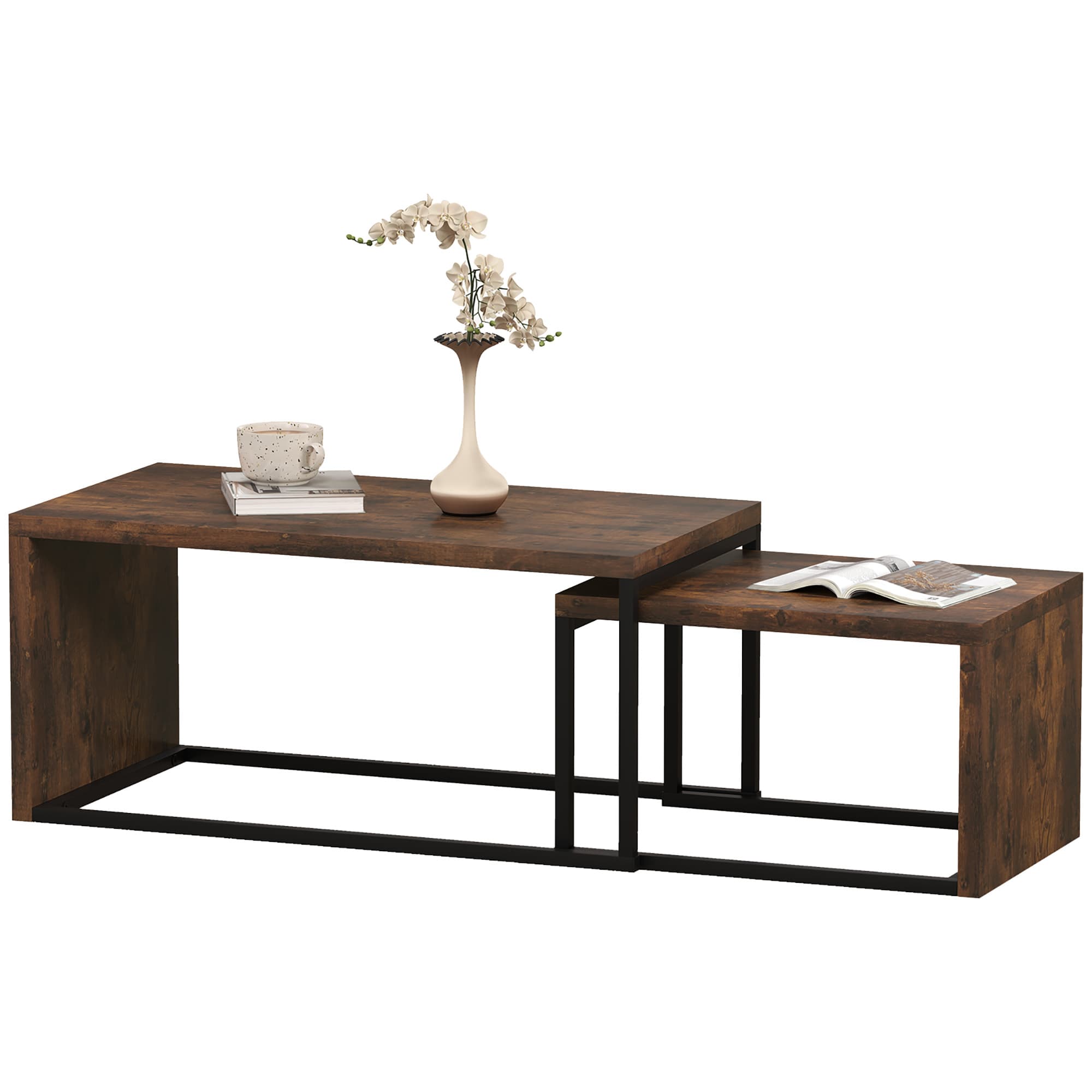 HOMCOM Ensemble de 2 tables basses, Table basse, Table d'appoint, Panneau de fibres à densité moyenne, Métal, 90x48x42cm/59x42x36cm, Noir+Marron