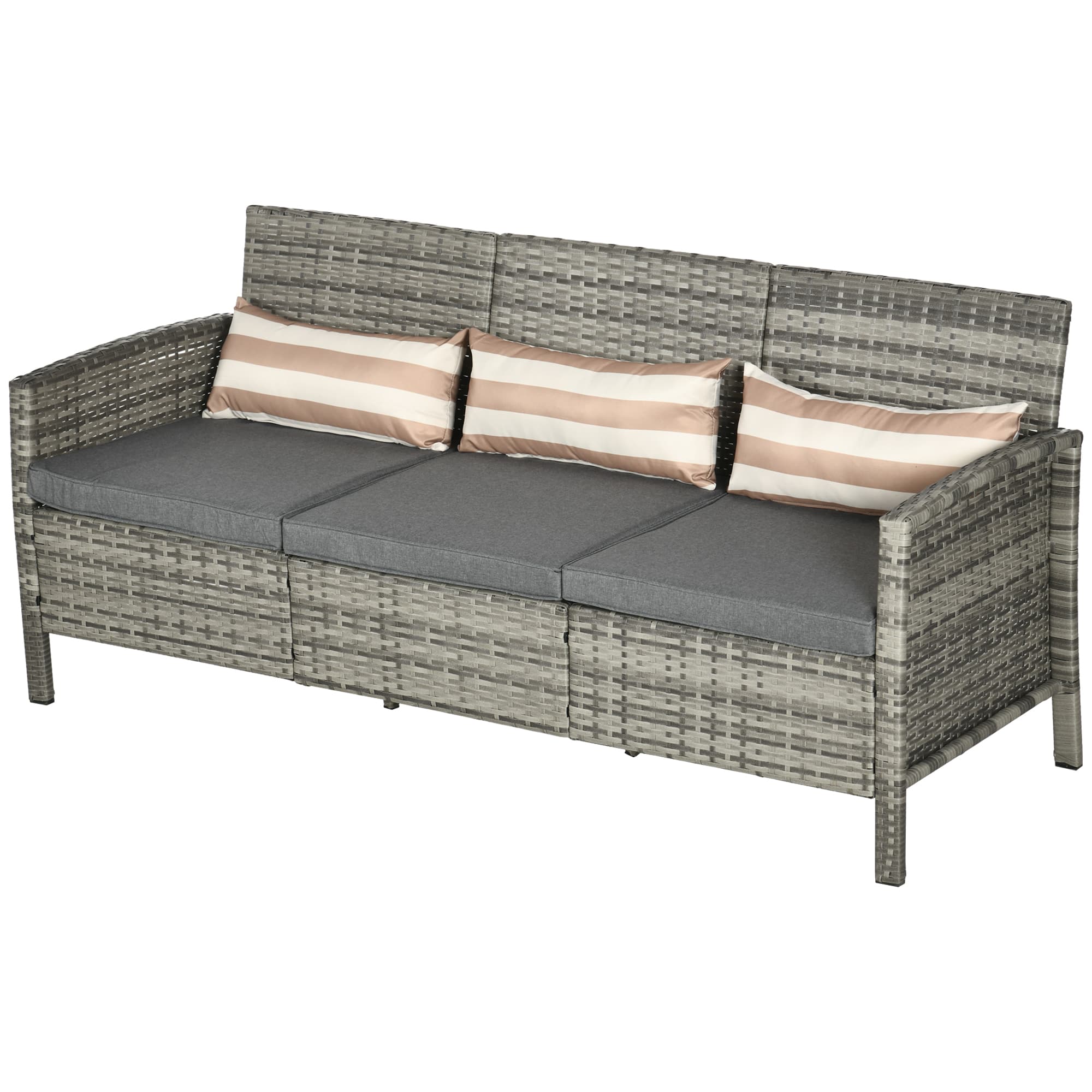 Outsunny Canapé Rattan avec Coussins, Trois Places, Salon de Jardin, Acier, Gris, 173 x 68 x 78 cm