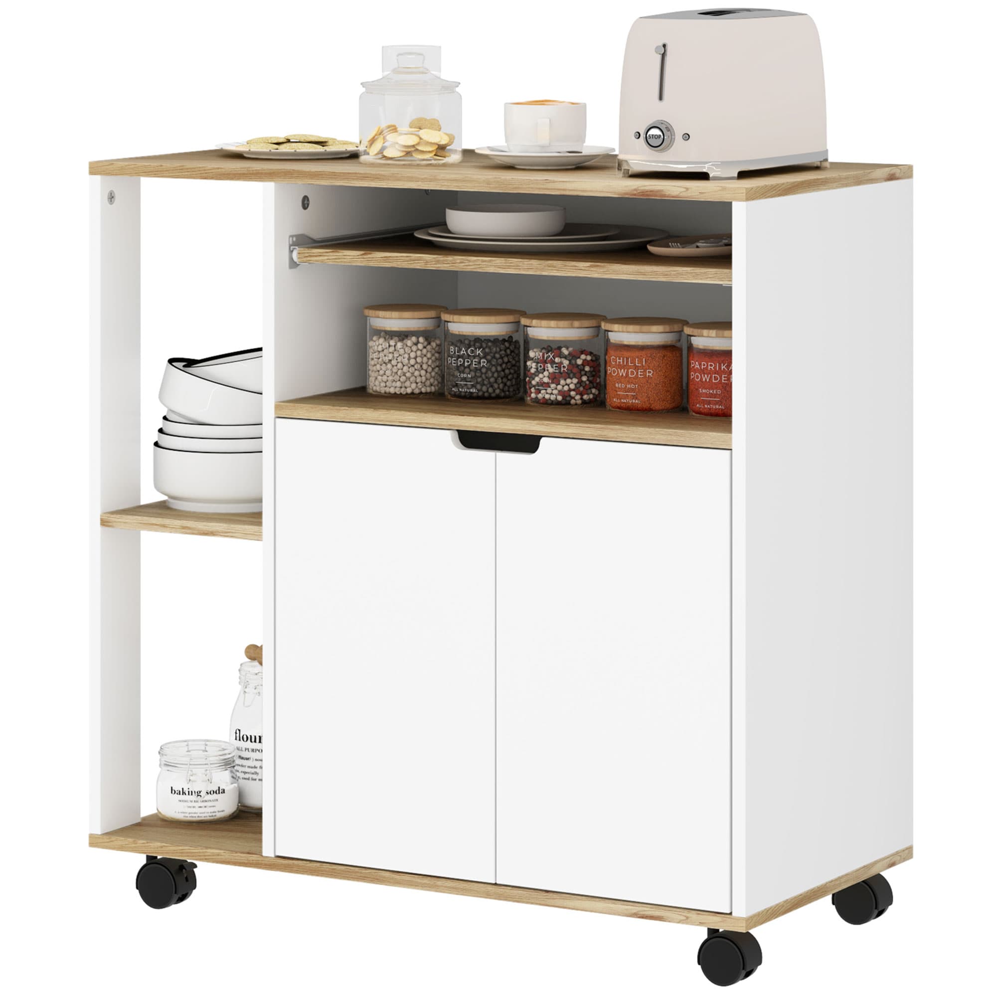HOMCOM Chariot de Cuisine Roulant avec Espace de Rangement, Armoire, étagères réglables, pour Cuisine, Salon, Salle à Manger, Blanc