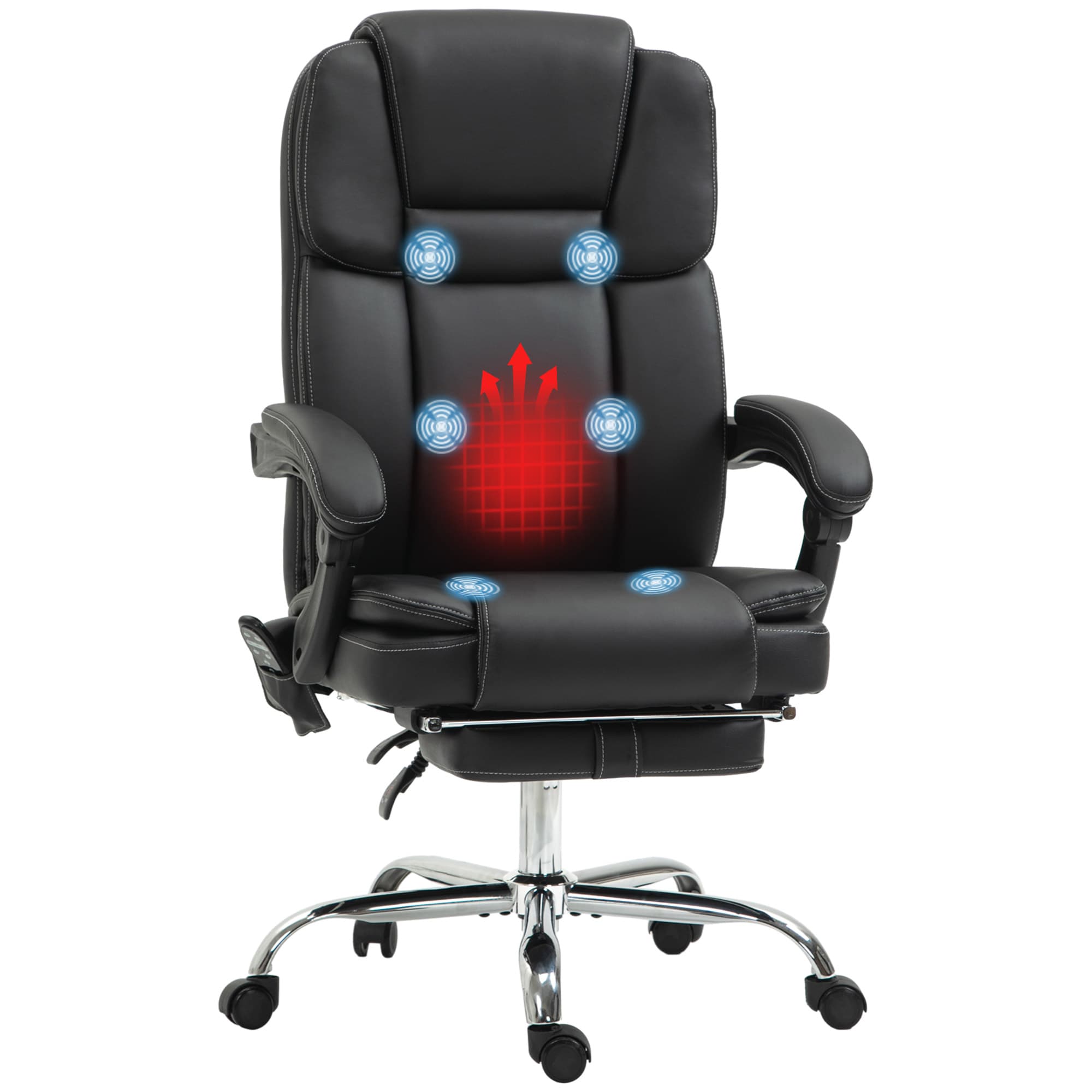 Vinsetto Chaise de bureau ajustable avec 6 points de massage, Fonction de chauffage, Repose-pieds, Similicuir, Noir