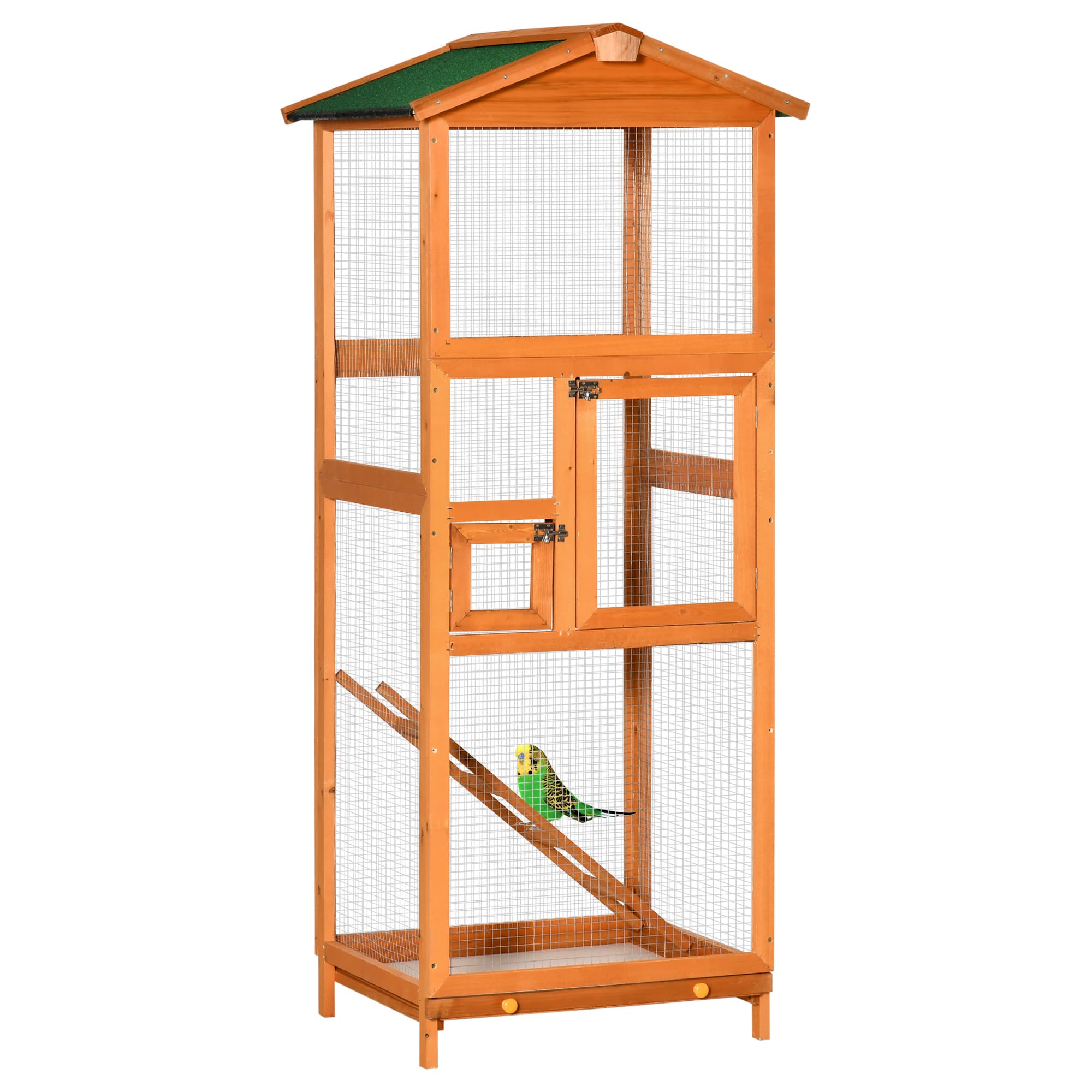 PawHut Cage à oiseaux volière en bois massif grande taille 2 portes toit asphalte tiroir amovible 68 x 63 x 165 cm Aosom France