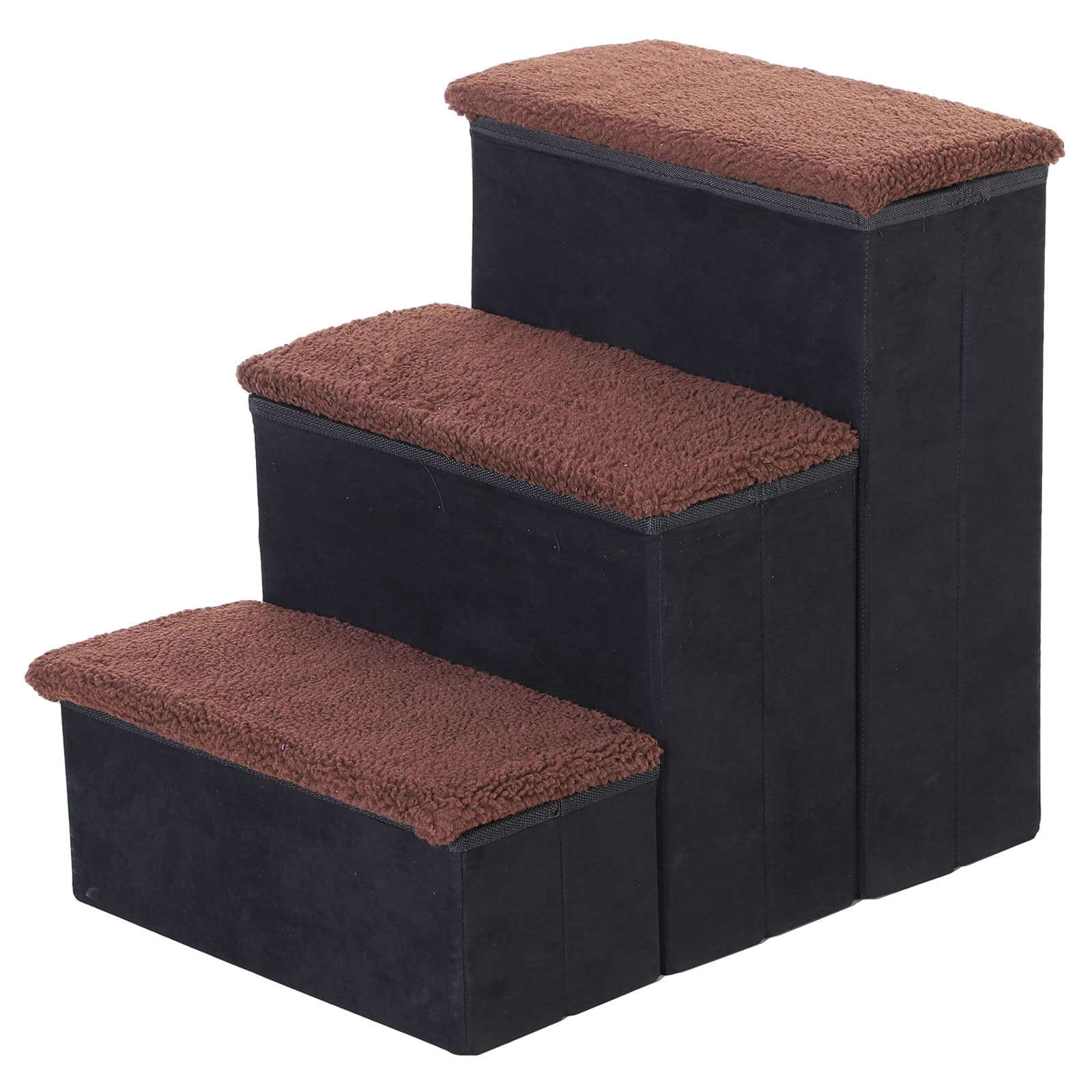 Pawhut Escalier pour Chien Animaux Pliable Rampe 3 Marches Polaire Amovible Coffre Interne Rangement MDF Polaire 40 x 54 x 48 cm Marron Noir