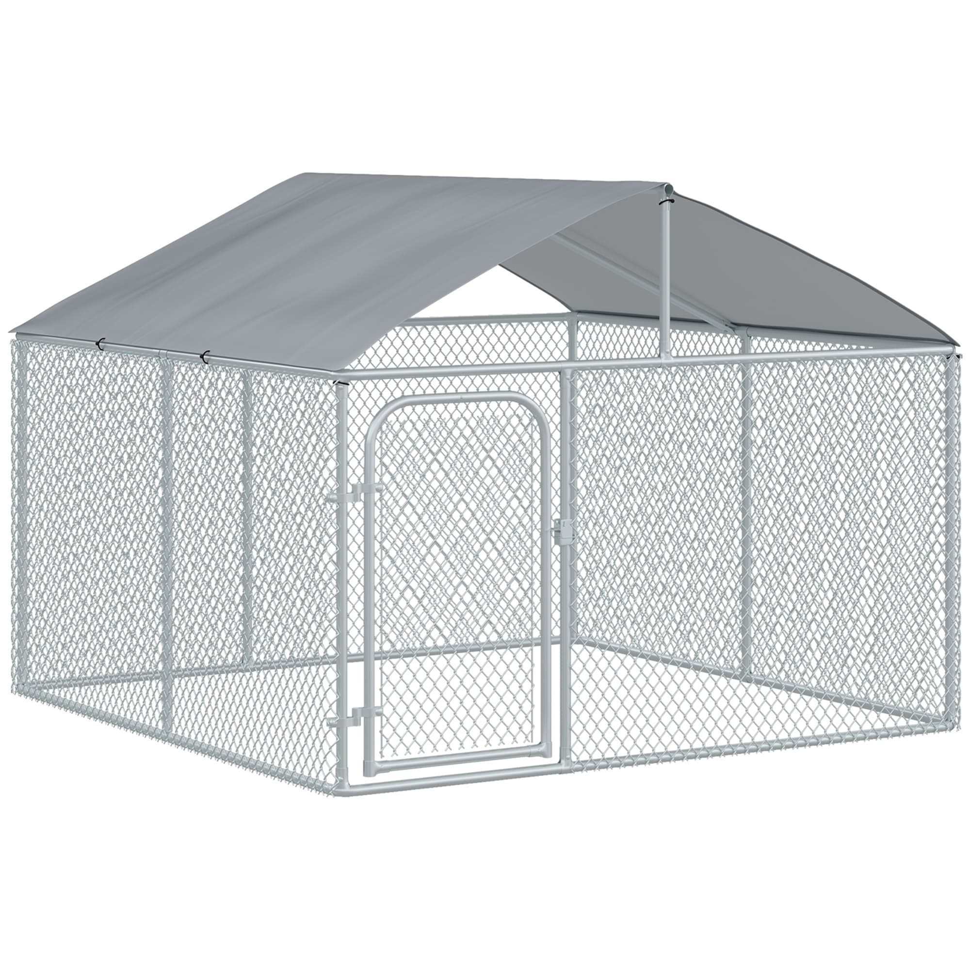 PawHut Chenil extérieur avec toit pour chien 5 m2 parc grillagé espace couvert acier galvanisé 230 x 230 x 175 cm Aosom France