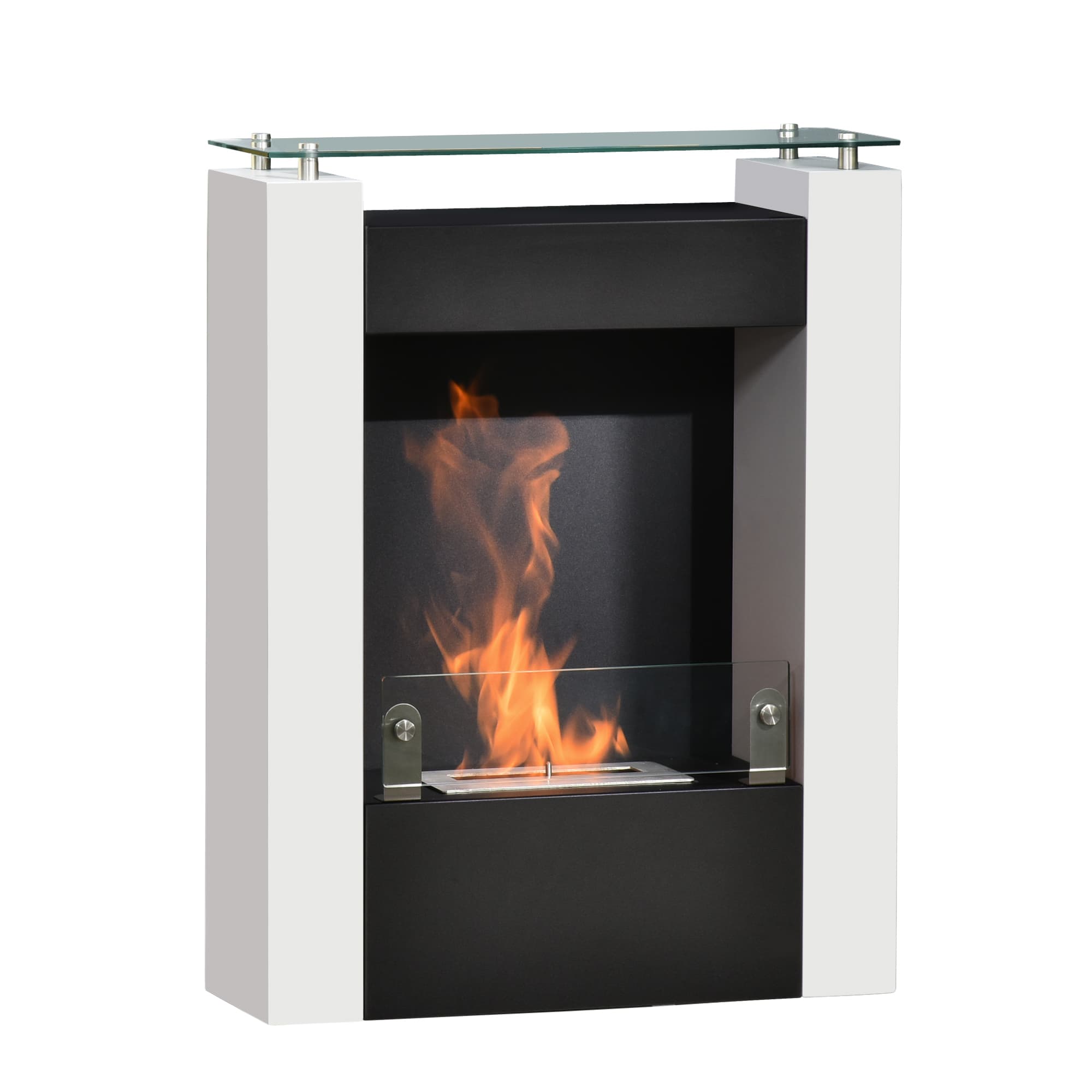 HOMCOM Cheminée bioéthanol brûleur 1,5 L avec plateau de rangement en verre trempé 3 h de durée de combustion 60*20*79cm Acier Noir et Blanc