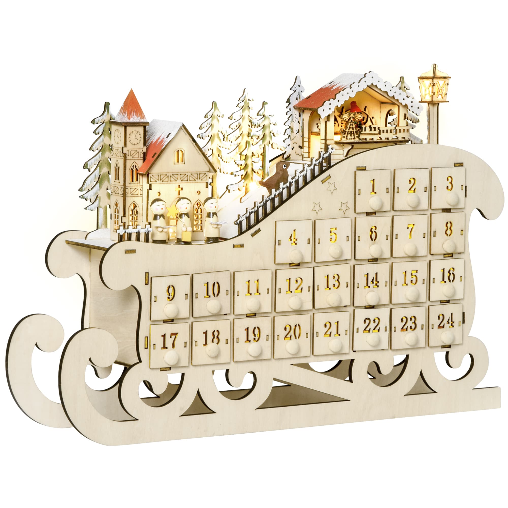 HOMCOM Calendrier de l'Avent de Noël décoration Noël en traîneau avec tiroir de compte à rebours de 24 jours lumières LED bois naturel Aosom France