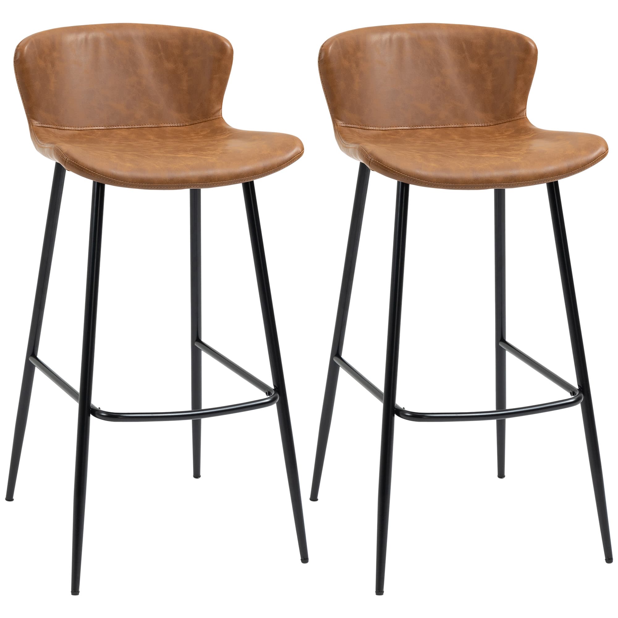 HOMCOM Lot de 2 tabourets de bar assise en similicuir hauteur 76 cm avec repose-pieds en acier et dossier design vintage marron
