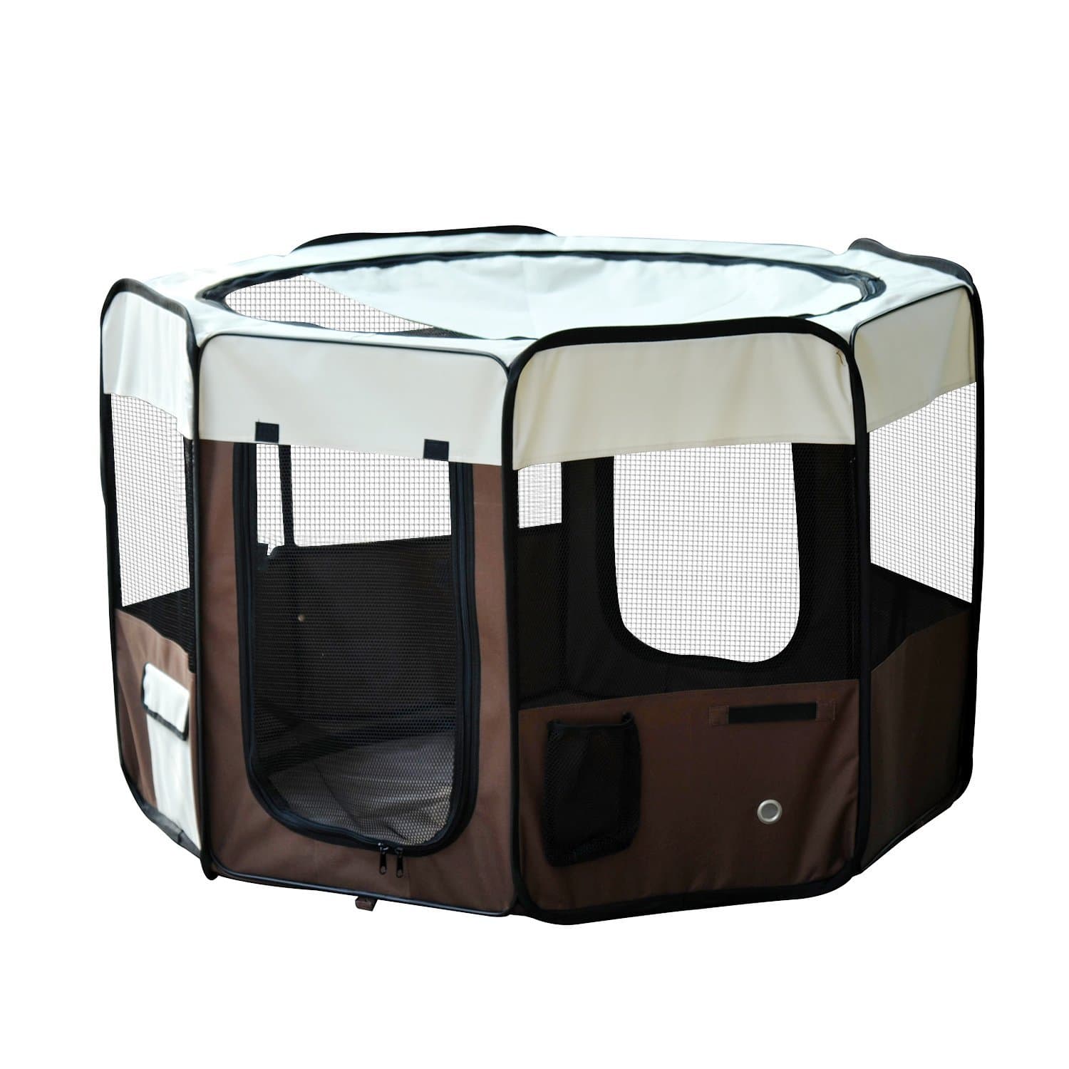 PawHut Parc Enclos Pliable Octogonal Chien Chat Oxford Acier Marron Beige Ø90x41cm Aosom France