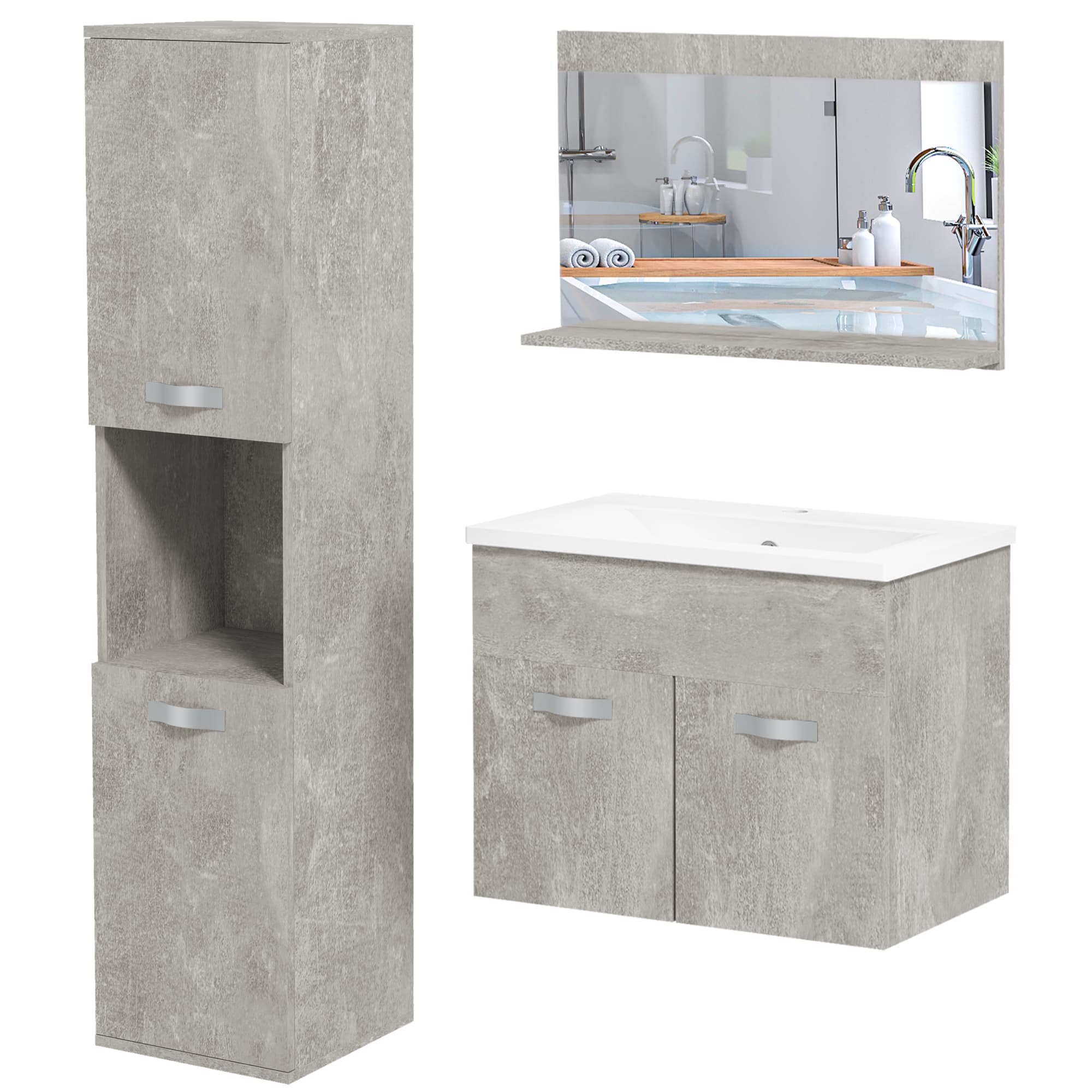 kleankin Ensemble de meubles de salle de bain 3 pièces miroir étagère + meuble vasque + meuble colonne suspendus, gris