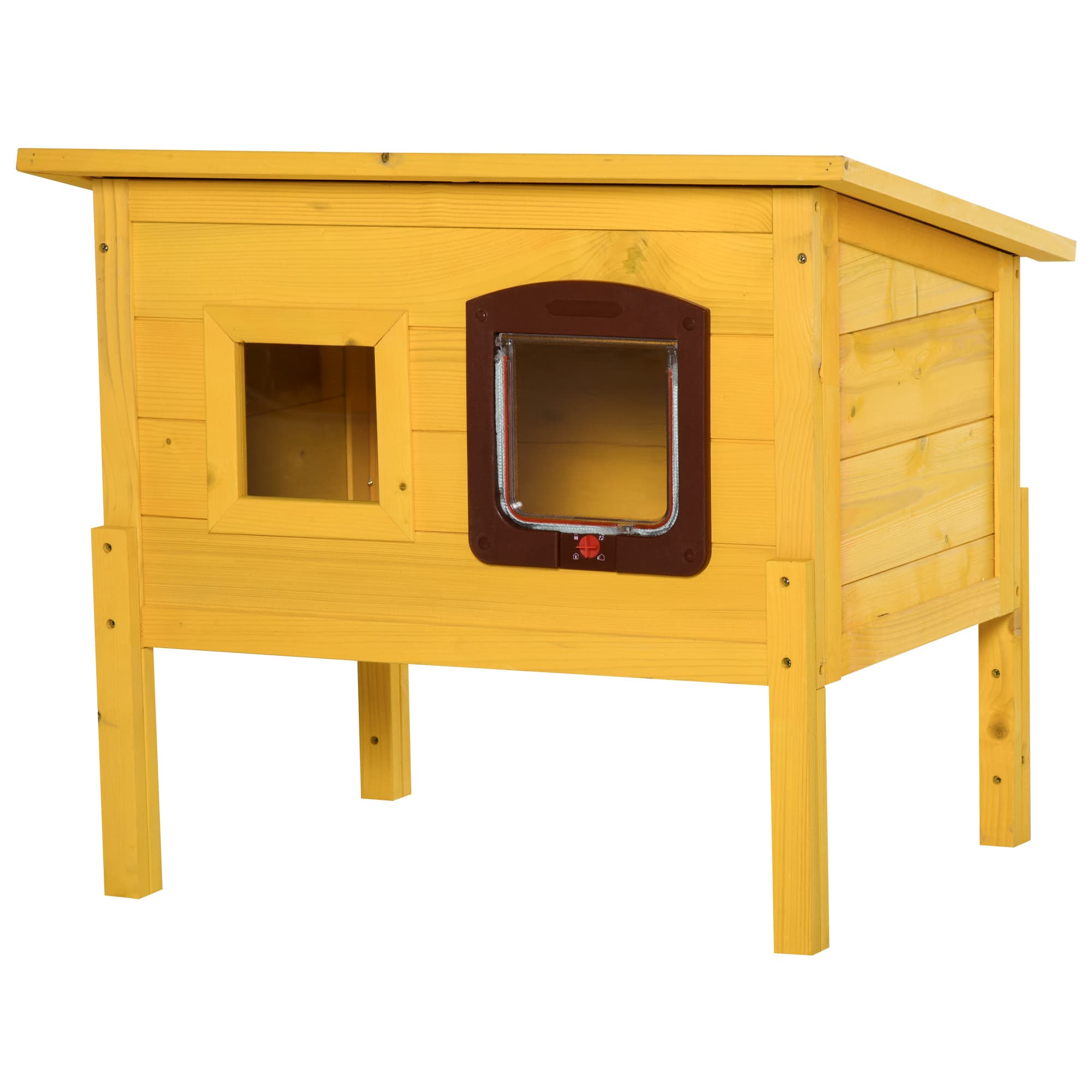 PawHut Maison pour chat en bois niche d'extérieur toit résistant à l'eau avec porte et fenêtre jaune