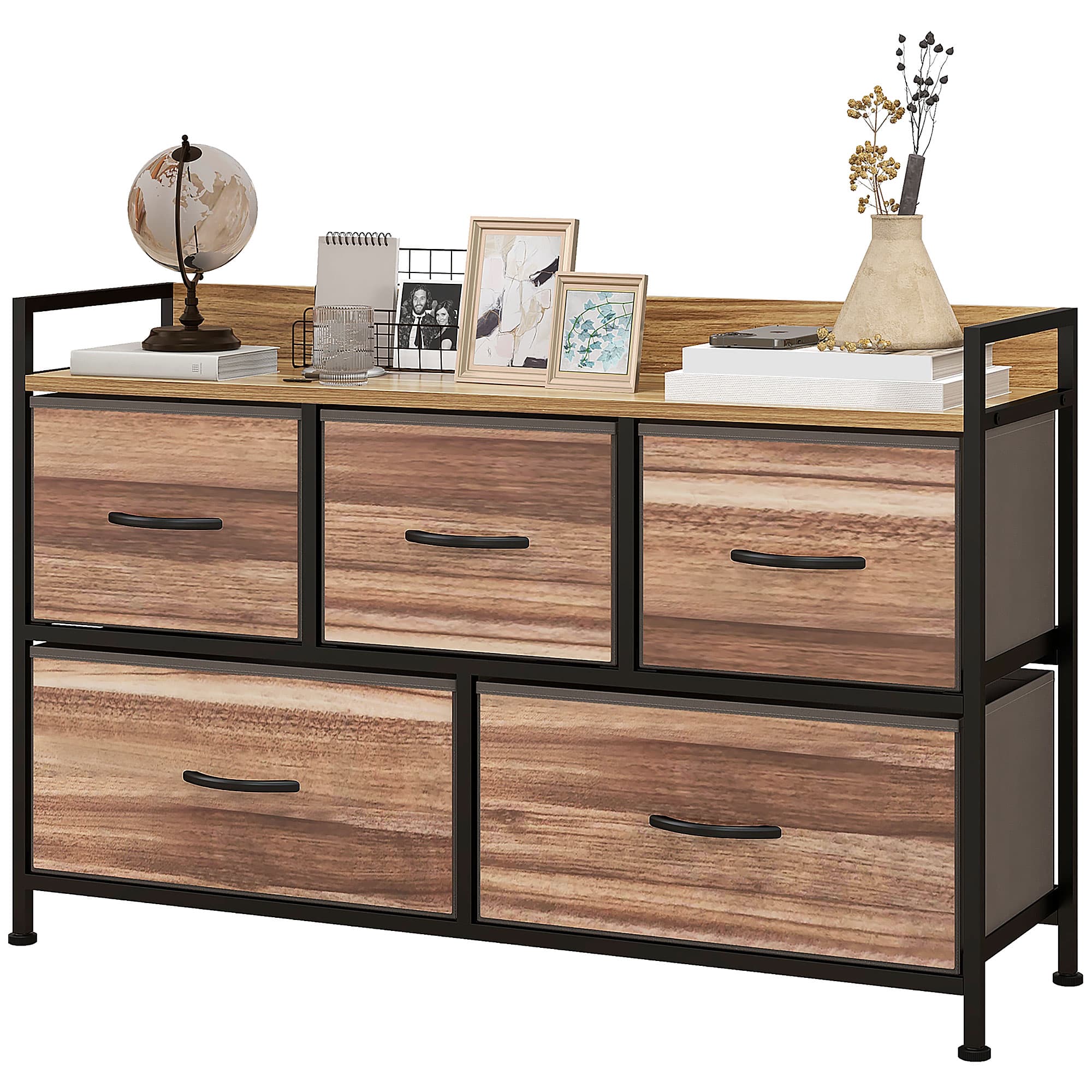 HOMCOM Commode Meuble de Rangement 5 tiroirs en Tissu 98 x 29 x 63 cm structure en acier noir