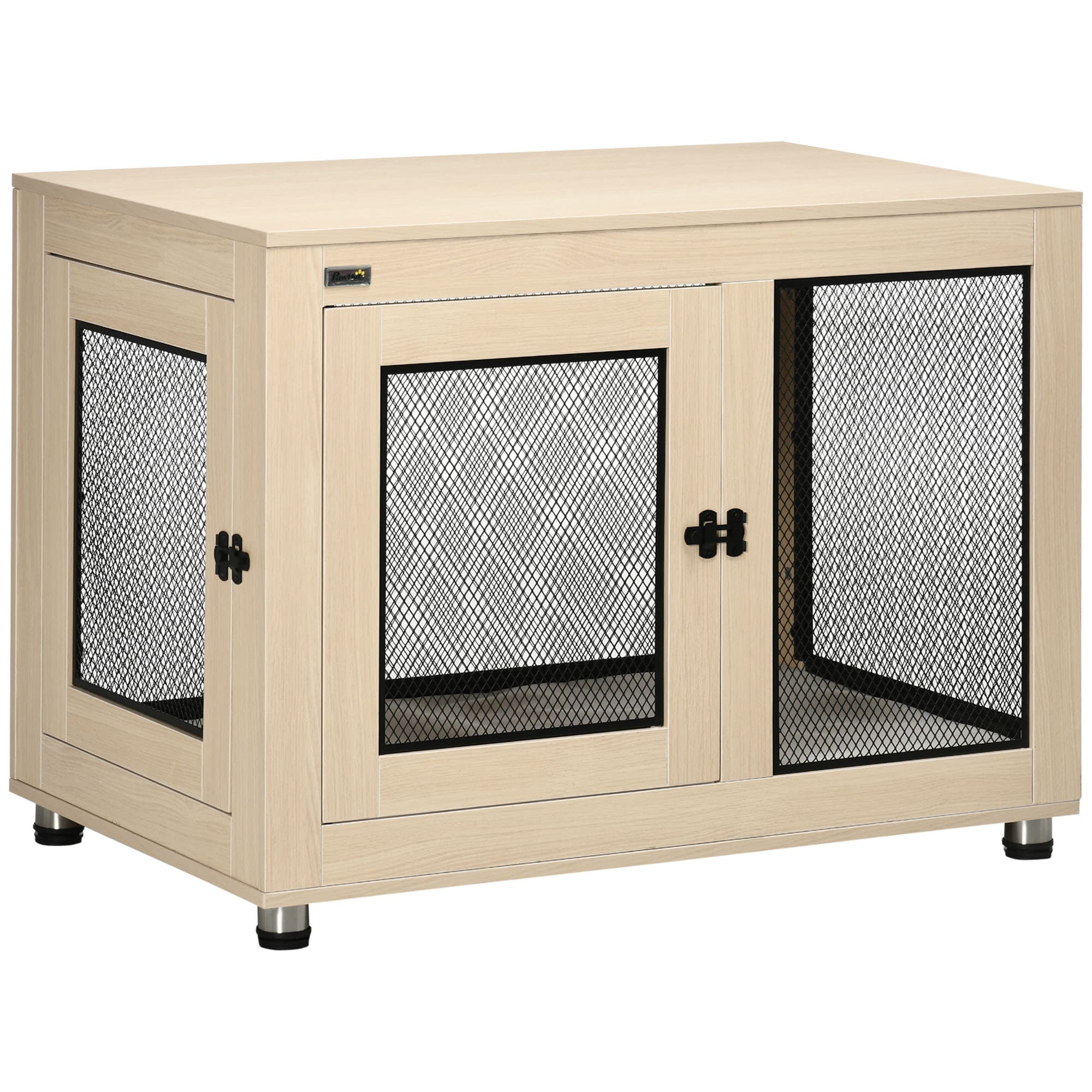PawHut Cage pour chien sur pied avec coussin amovible acier noir et aspect bois - 94 x 60 x 71,5 cm coloris bois naturel