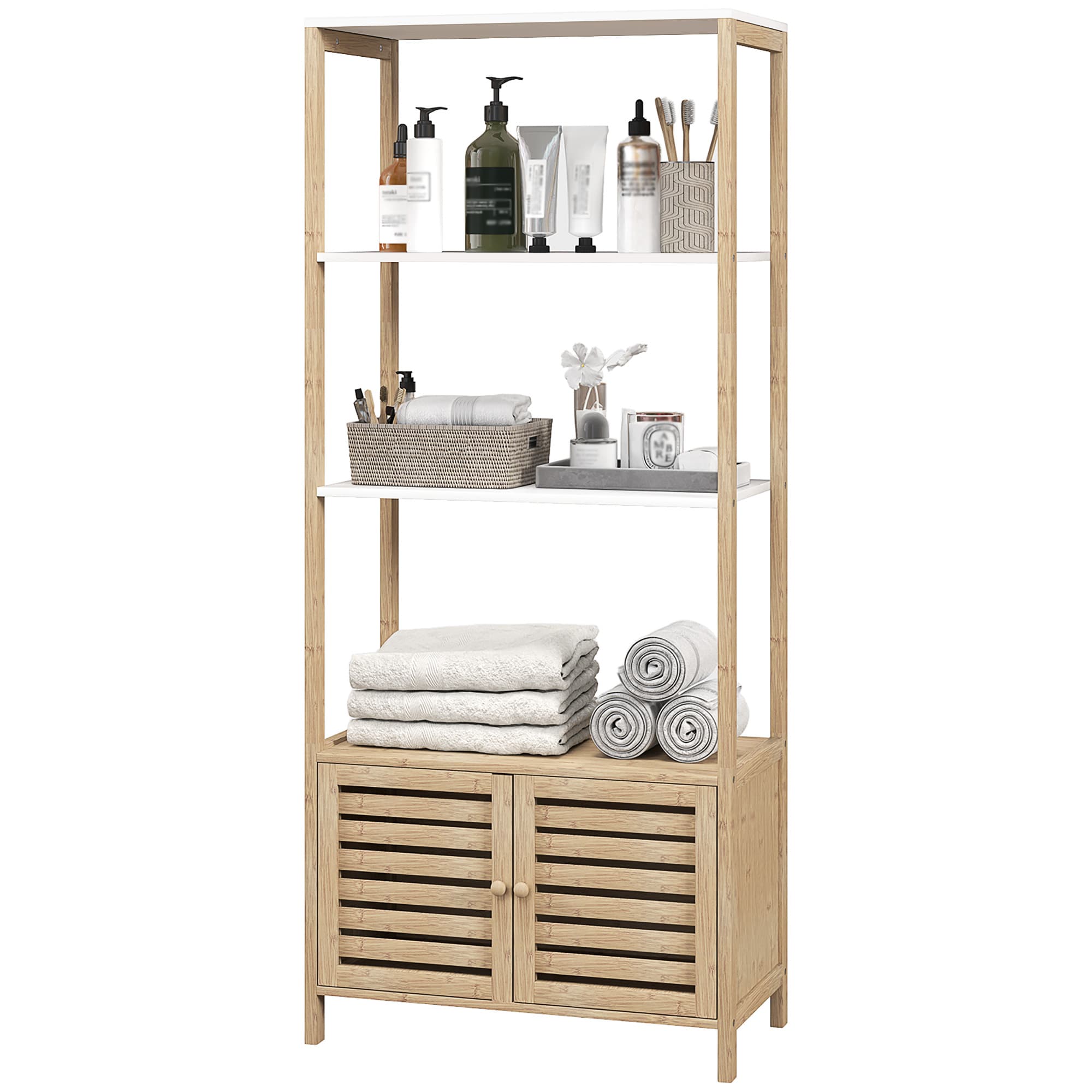 HOMCOM Colonne de salle de bain armoire de rangement en bambou 3 étagères 1 placard 63 x 30 x 138 cm bois naturel et blanc