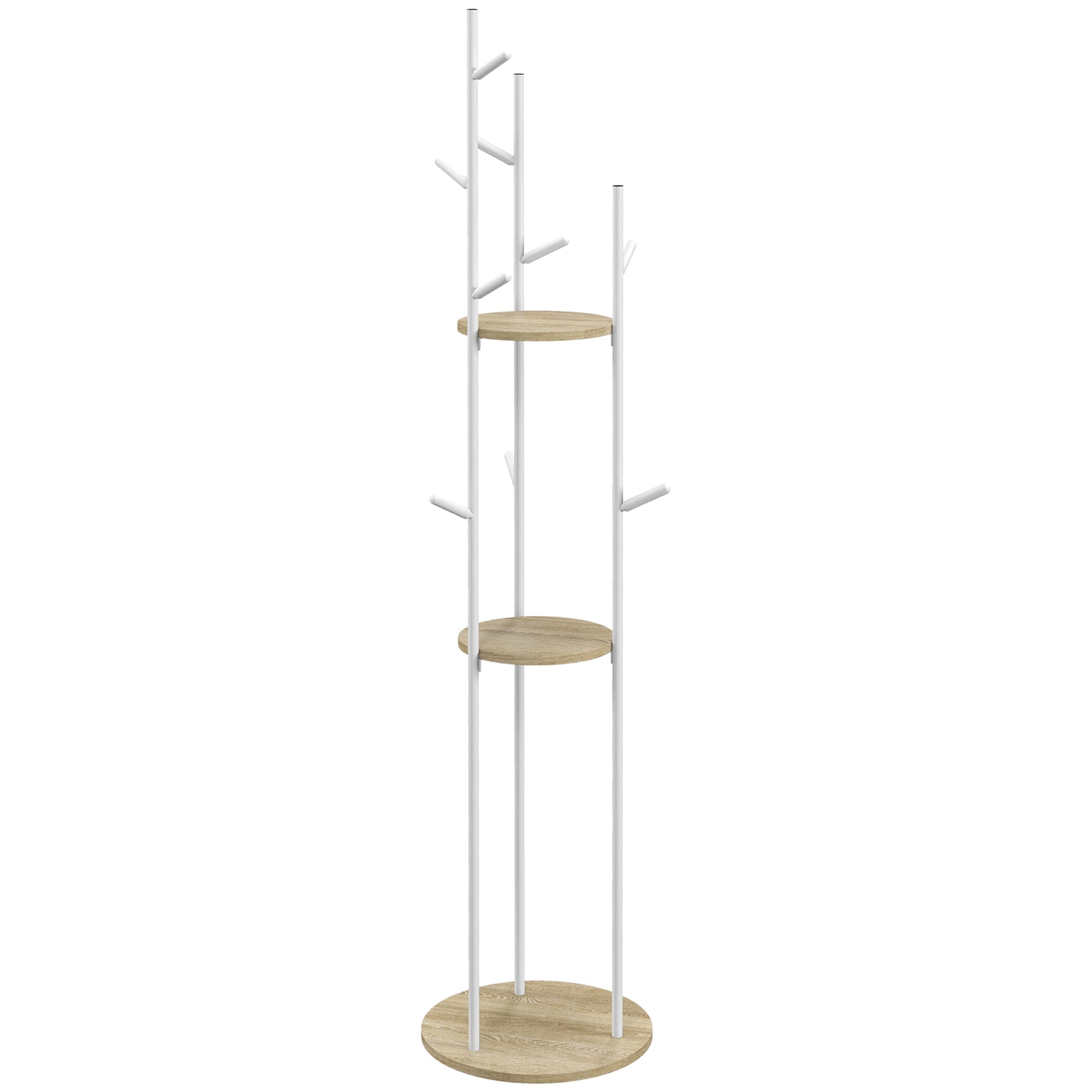 HOMCOM Porte-manteaux sur pied meuble d'entrée en acier avec 9 crochets et 2 étagères rondes Ø 40 x 167 cm naturel et blanc