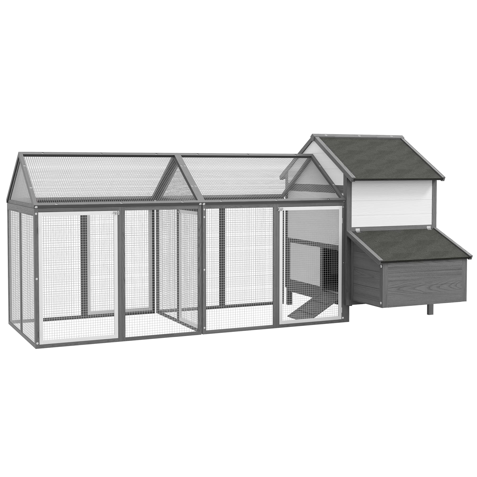 PawHut Poulailler en bois avec 2 enclos modulables et 1 niche, 1 pondoir, tiroir à déjection, 247 x 125 x 113,5 cm, gris