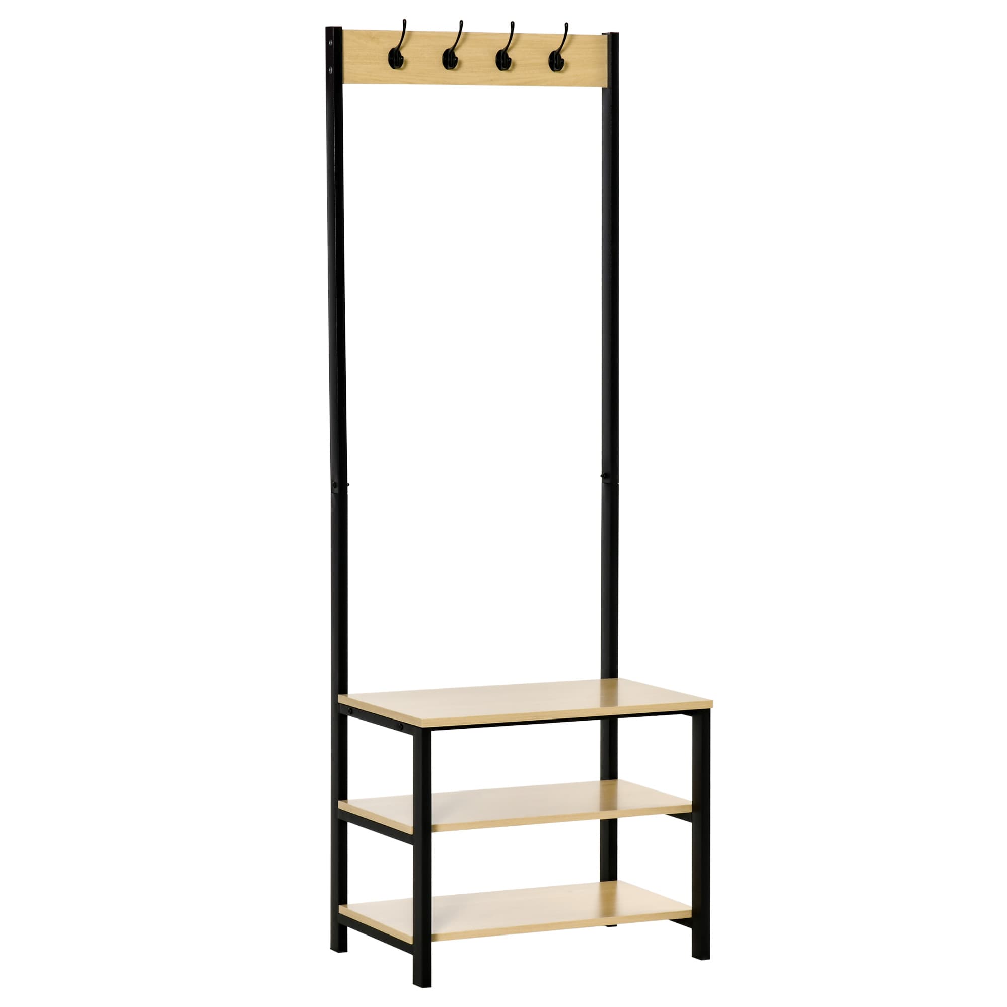 HOMCOM Porte-manteau vestiaire d'entrée dim. 60L x 40l x 175H cm 3 étagères 4 patères double crochet MDF bois clair acier noir