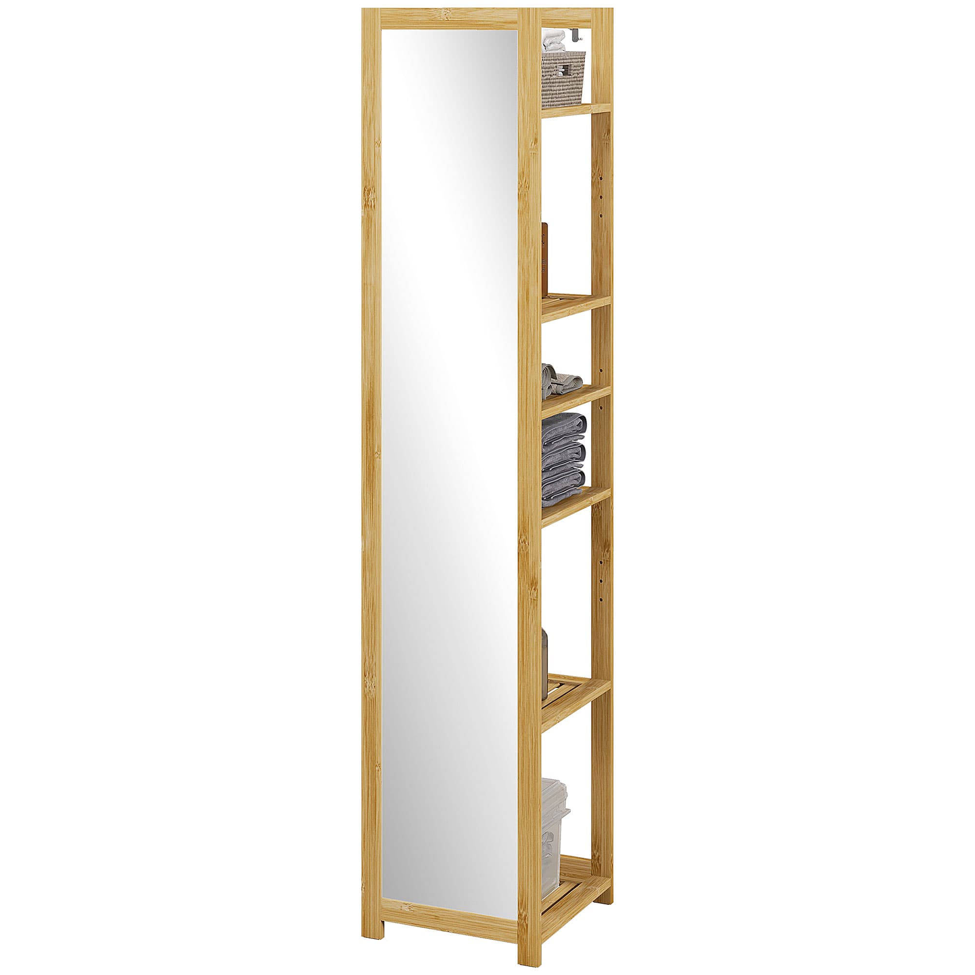 HOMCOM Meuble colonne de salle de bain à 6 niveaux en bambou avec miroir, 6 étagères, naturel, 35L x 35l x 168H cm