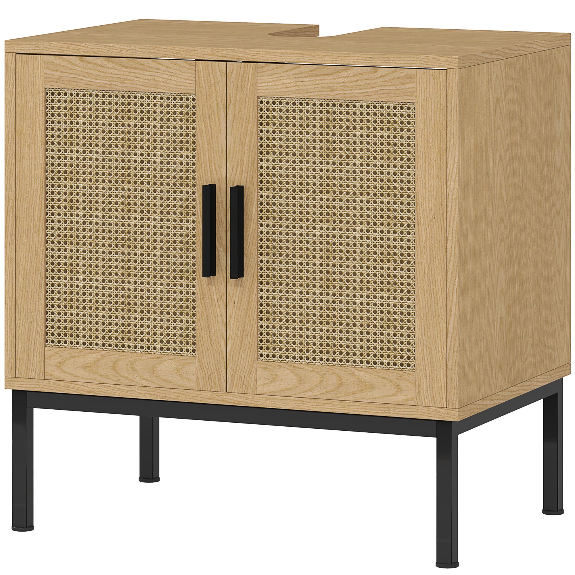 kleankin Meuble sous lavabo de salle de bain, design boho, meuble de salle de bain, éléments en rotin, avec découpe en forme de U, Chêne